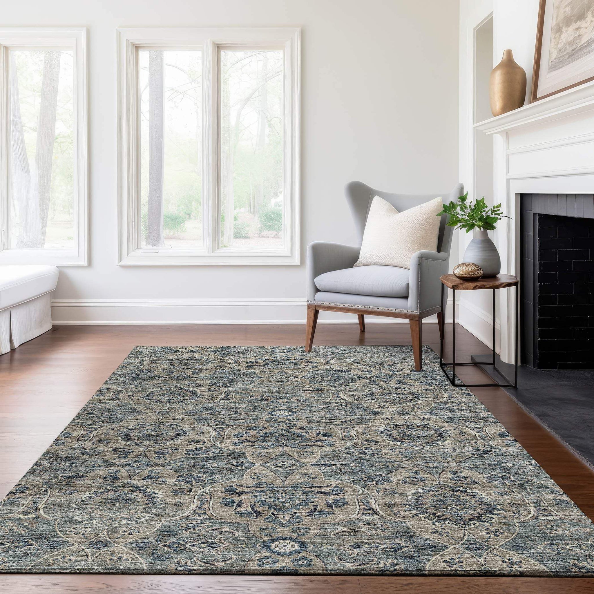 5' X 8' Denim Blue And Gray Floral Medallion Distressed Washable Area Rug With UV Protection - HomeRoots - Flyclothing LLC