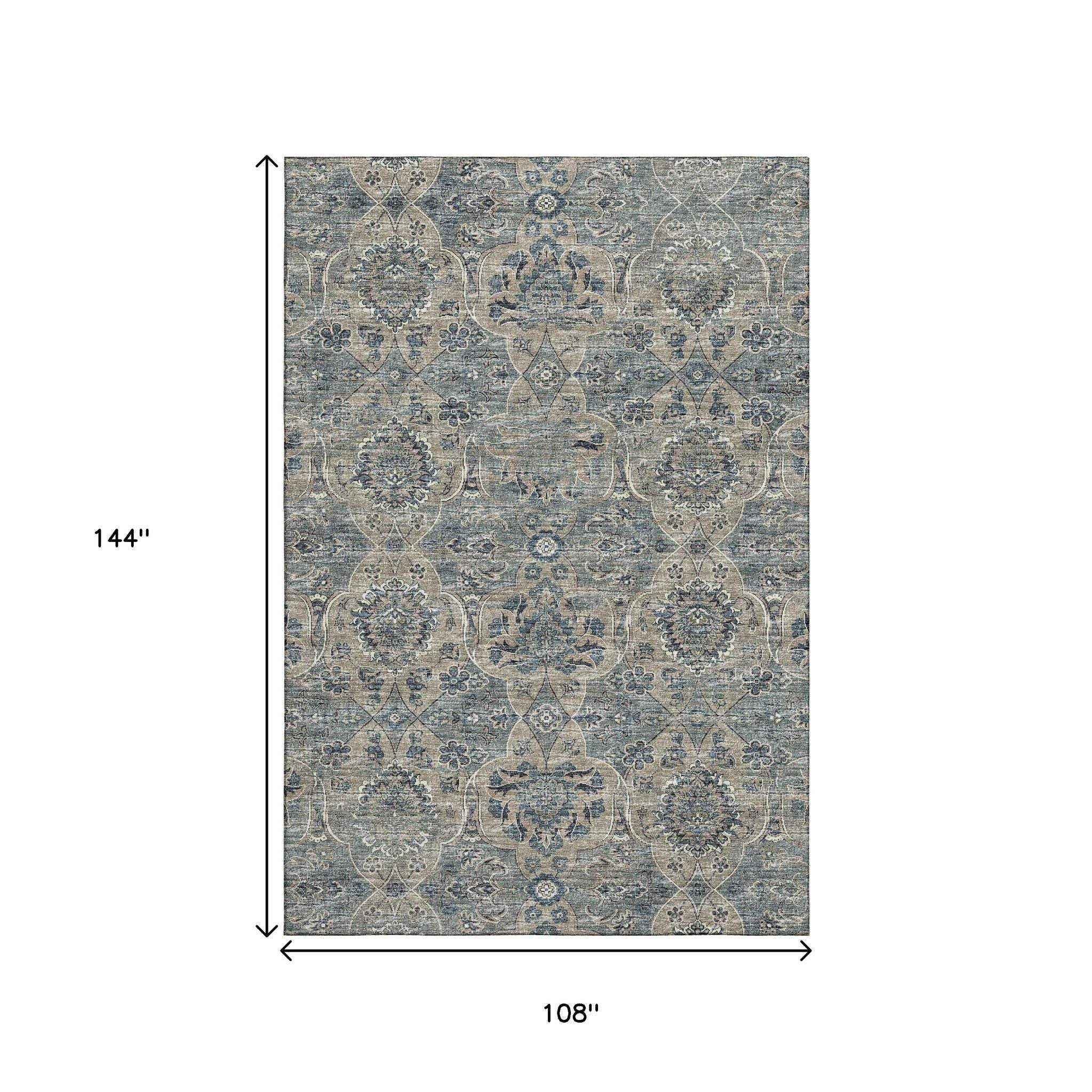 9' X 12' Denim Blue And Gray Floral Medallion Distressed Washable Area Rug With UV Protection - HomeRoots - Flyclothing LLC