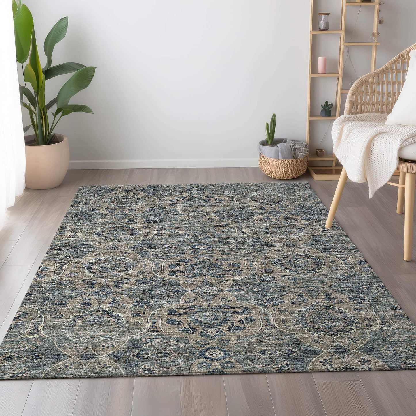 9' X 12' Denim Blue And Gray Floral Medallion Distressed Washable Area Rug With UV Protection - HomeRoots - Flyclothing LLC