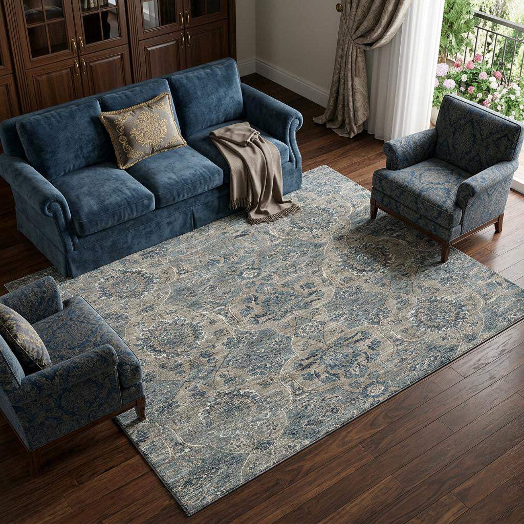 9' X 12' Denim Blue And Gray Floral Medallion Distressed Washable Area Rug With UV Protection - HomeRoots - Flyclothing LLC