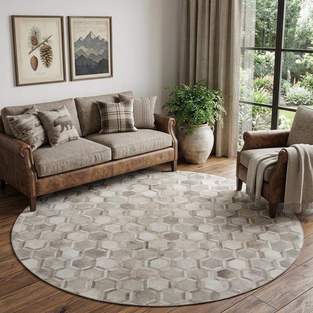8' Gray Ivory And Beige Geometric Washable Round Rug With UV Protection - HomeRoots - Flyclothing LLC