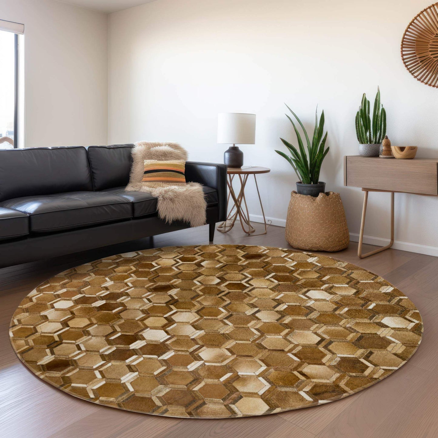 8' Brown Ivory And Beige Geometric Washable Round Rug With UV Protection - HomeRoots - Flyclothing LLC