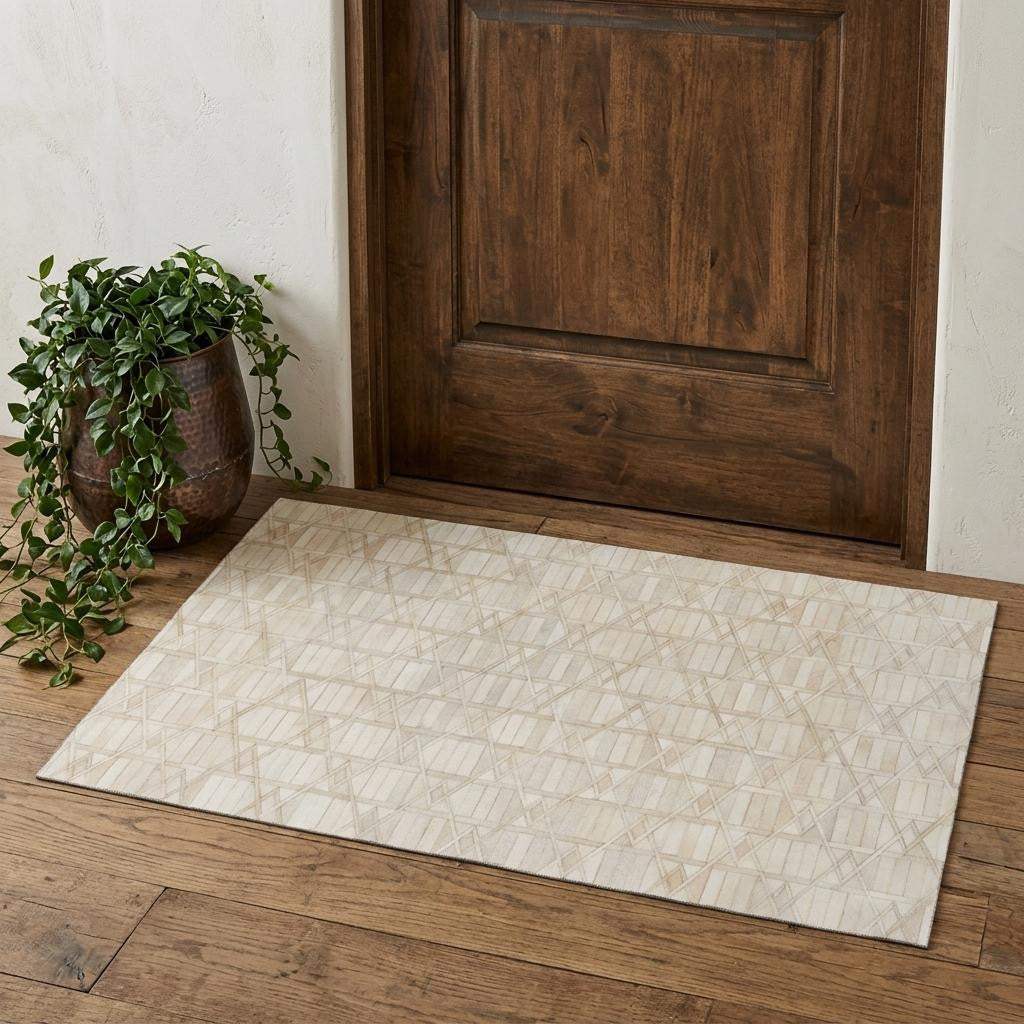 3' X 5' Ivory And Beige Diamond Washable Area Rug With UV Protection - HomeRoots - Flyclothing LLC