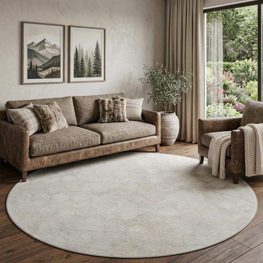 8' Ivory And Gray Geometric Washable Round Rug With UV Protection - HomeRoots - Flyclothing LLC