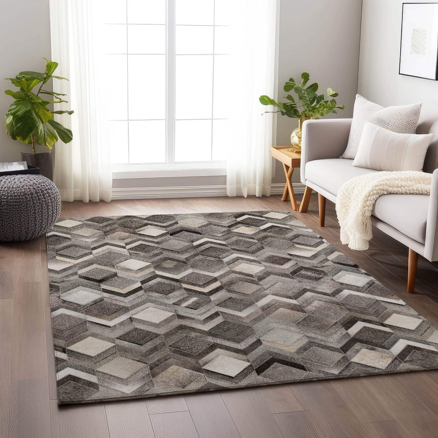 8' X 10' Gray Ivory And Black Geometric Washable Area Rug With UV Protection - HomeRoots - Flyclothing LLC