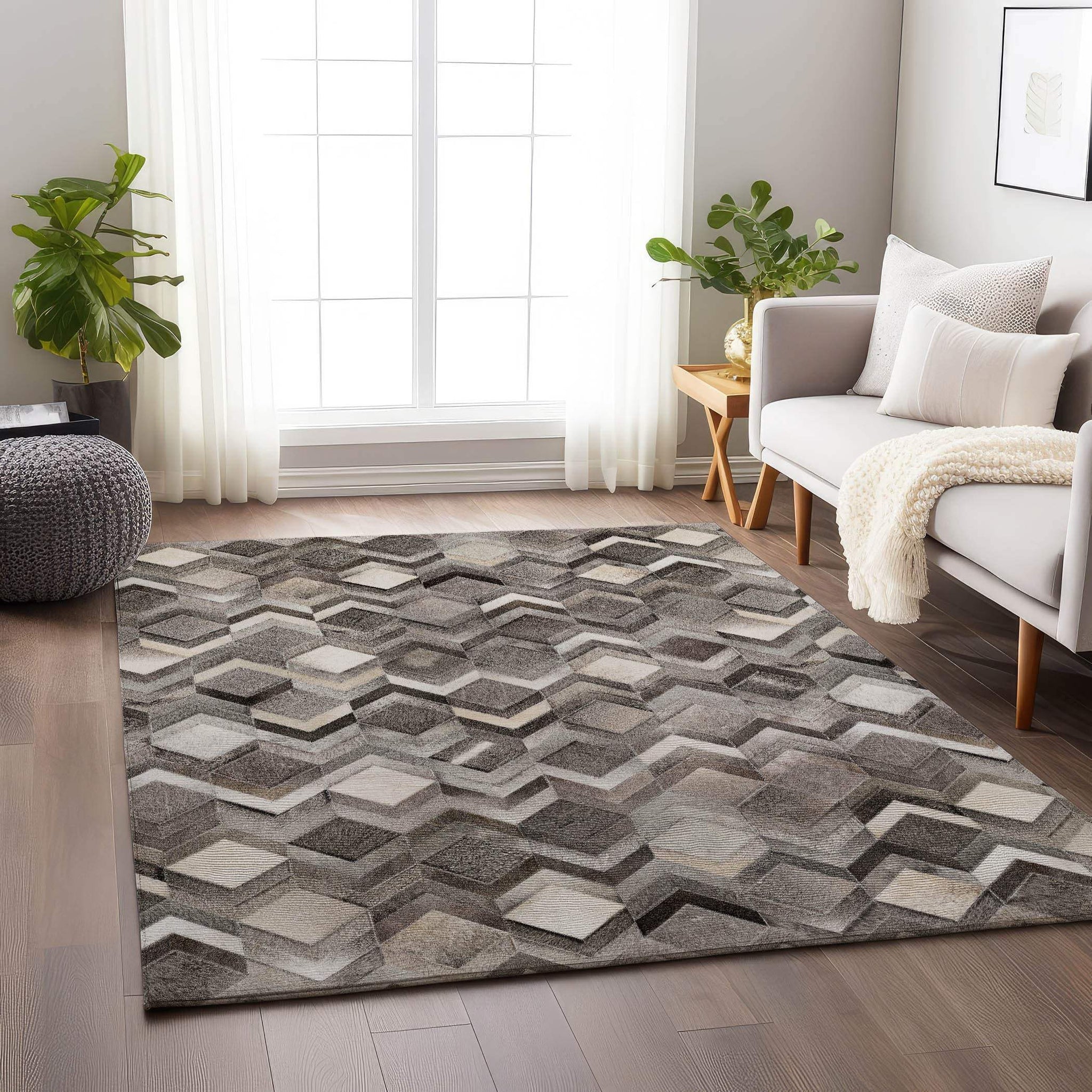 8' X 10' Gray Ivory And Black Geometric Washable Area Rug With UV Protection - HomeRoots - Flyclothing LLC