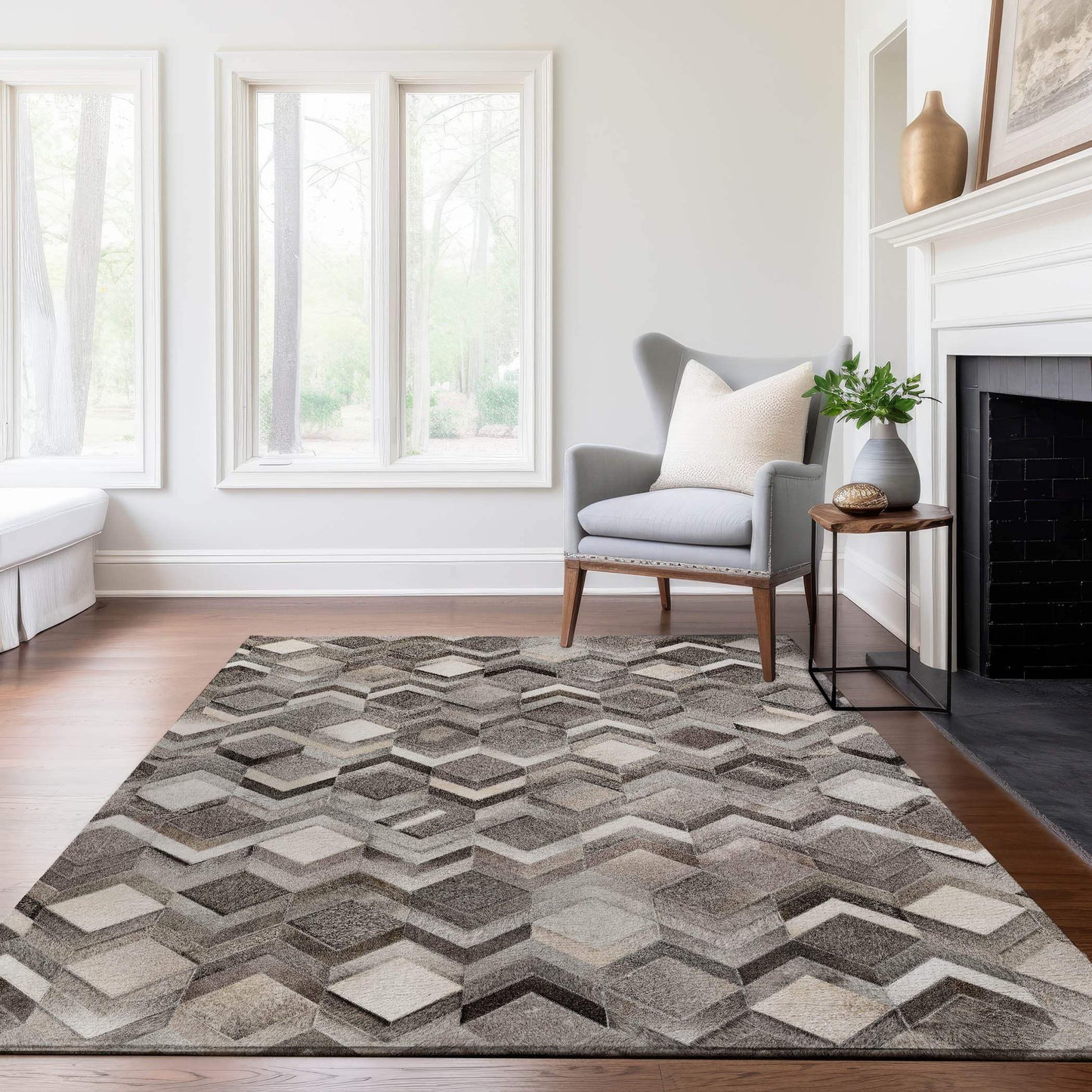 8' X 10' Gray Ivory And Black Geometric Washable Area Rug With UV Protection - HomeRoots - Flyclothing LLC