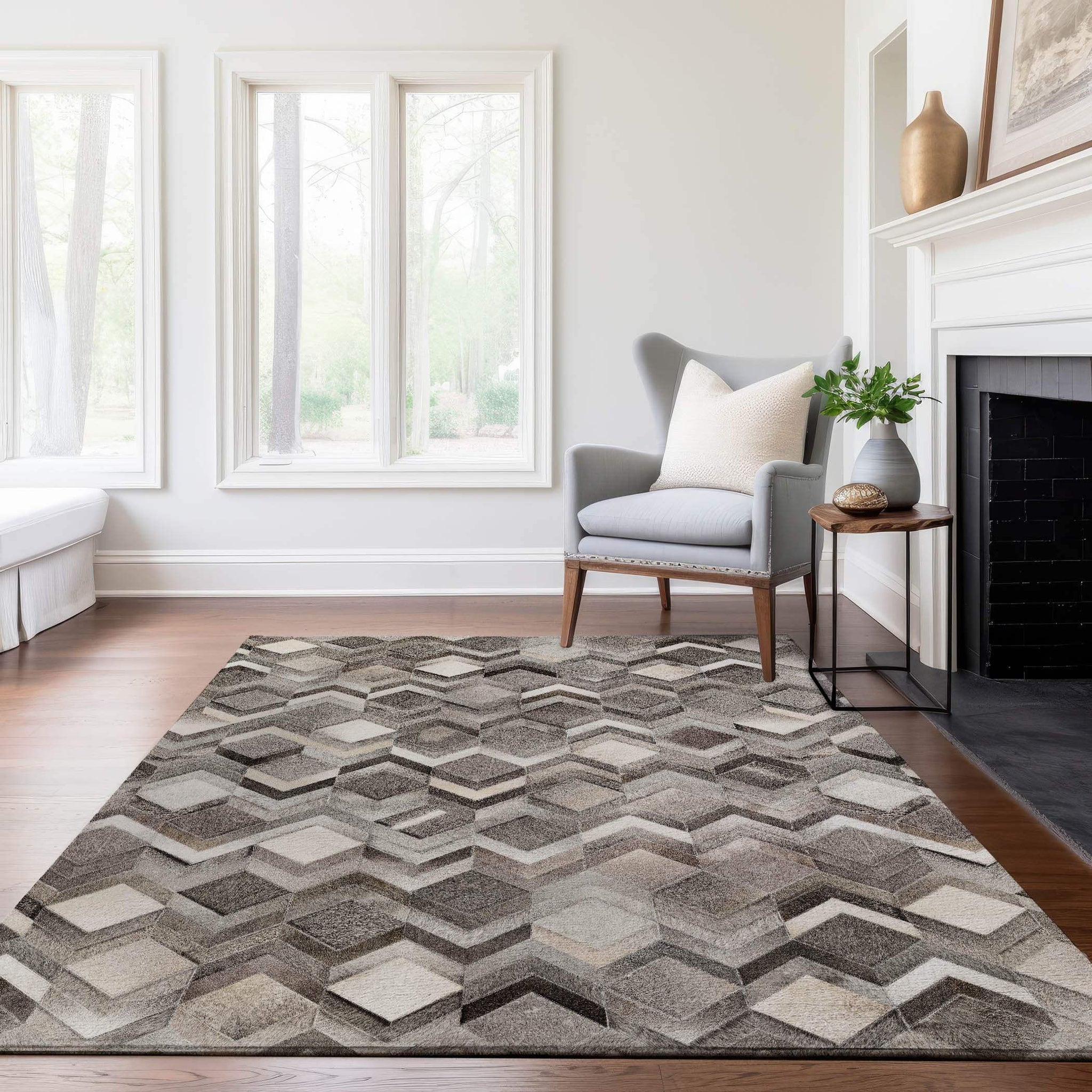 8' X 10' Gray Ivory And Black Geometric Washable Area Rug With UV Protection - HomeRoots - Flyclothing LLC