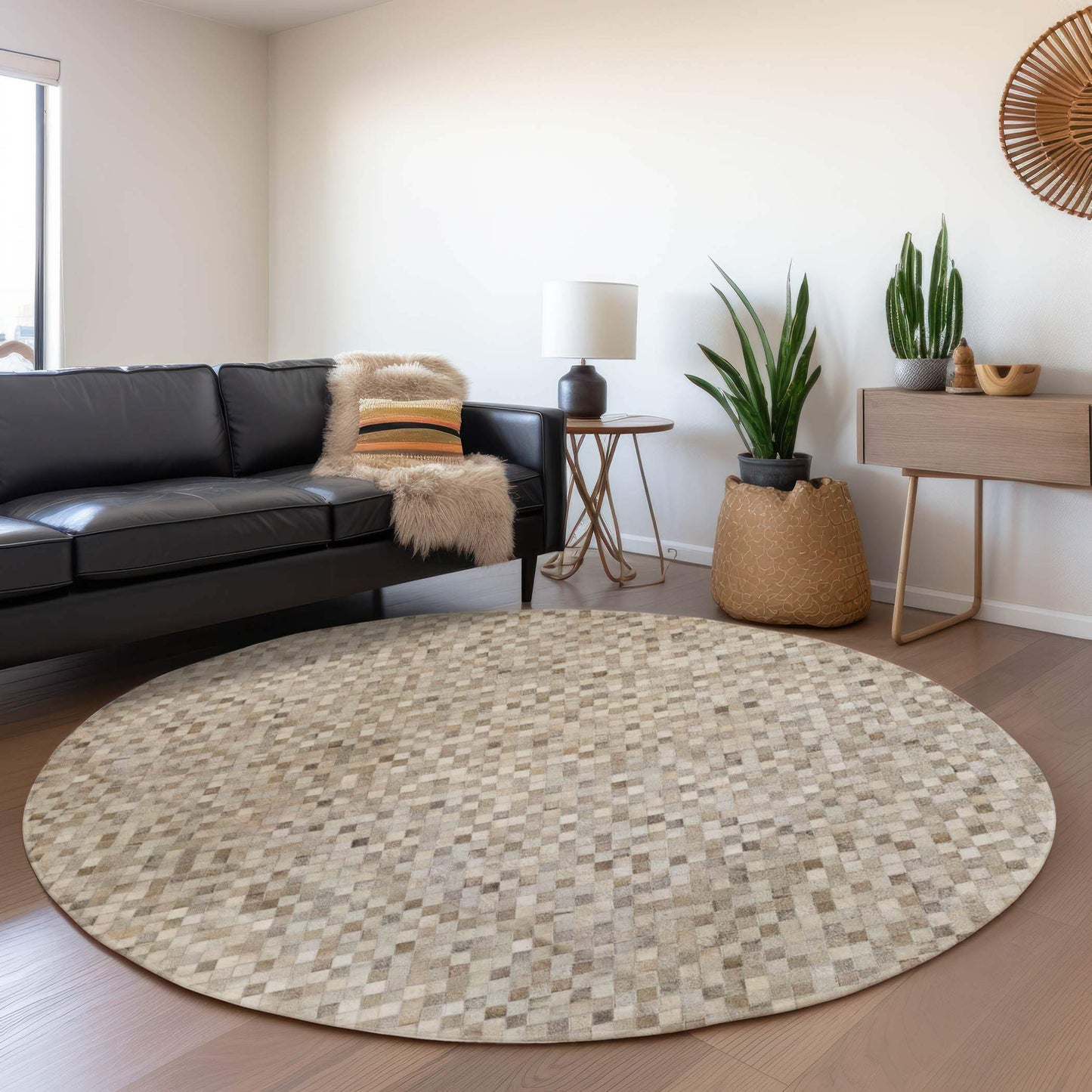 8' Gray Ivory And Beige Diamond Washable Round Rug With UV Protection - HomeRoots - Flyclothing LLC