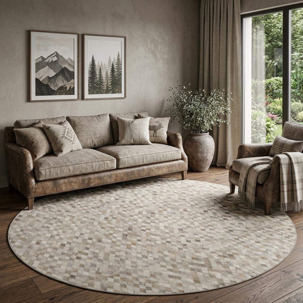 8' Gray Ivory And Beige Diamond Washable Round Rug With UV Protection - HomeRoots - Flyclothing LLC
