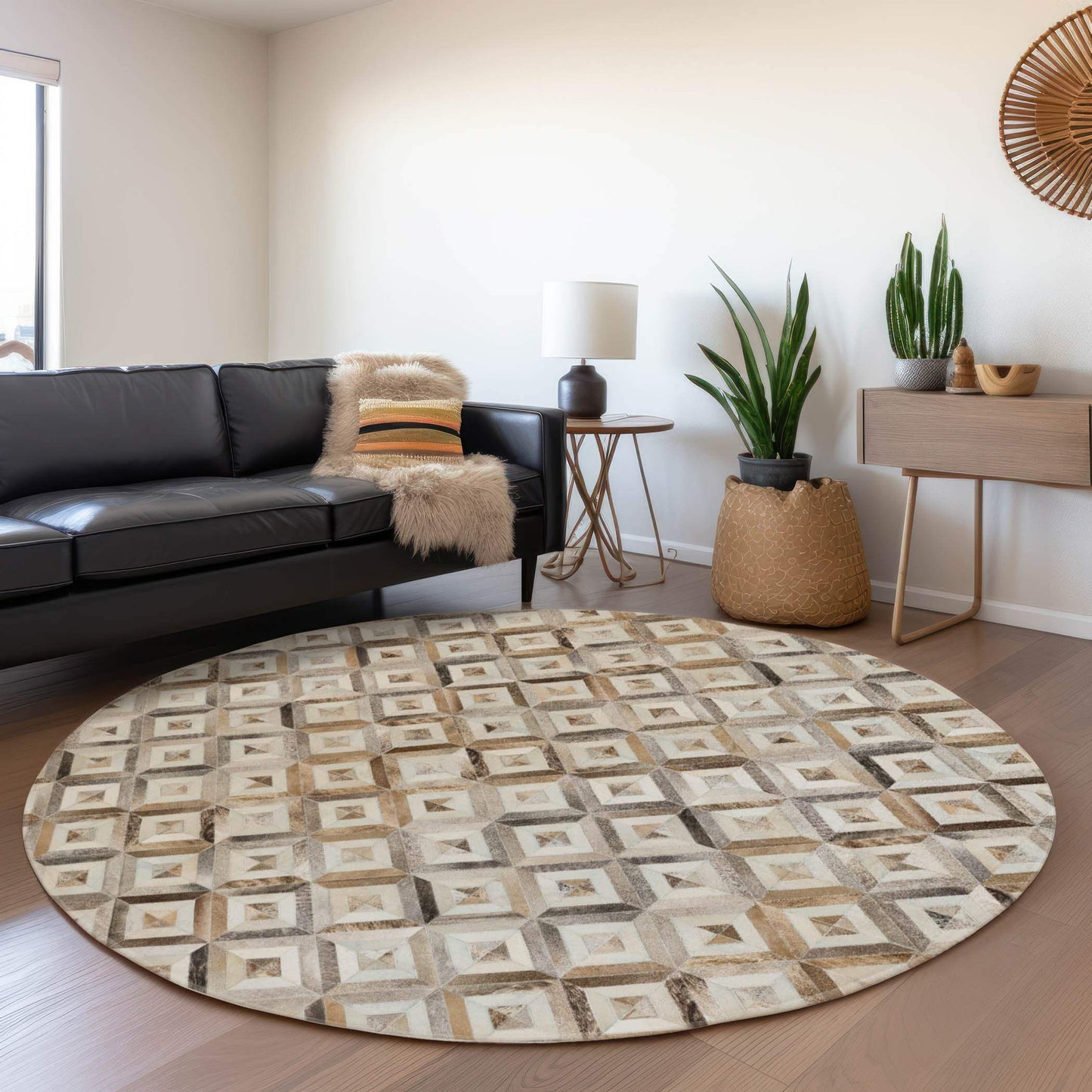 8' Gray Brown And Ivory Diamond Washable Round Rug With UV Protection - HomeRoots - Flyclothing LLC