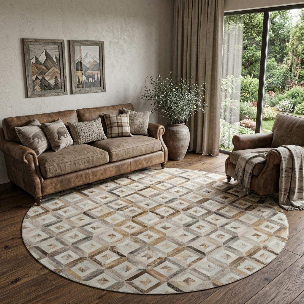 8' Gray Brown And Ivory Diamond Washable Round Rug With UV Protection - HomeRoots - Flyclothing LLC