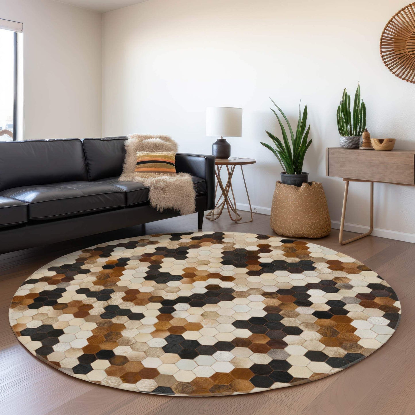 8' Black Brown And Ivory Geometric Washable Round Rug With UV Protection - HomeRoots - Flyclothing LLC