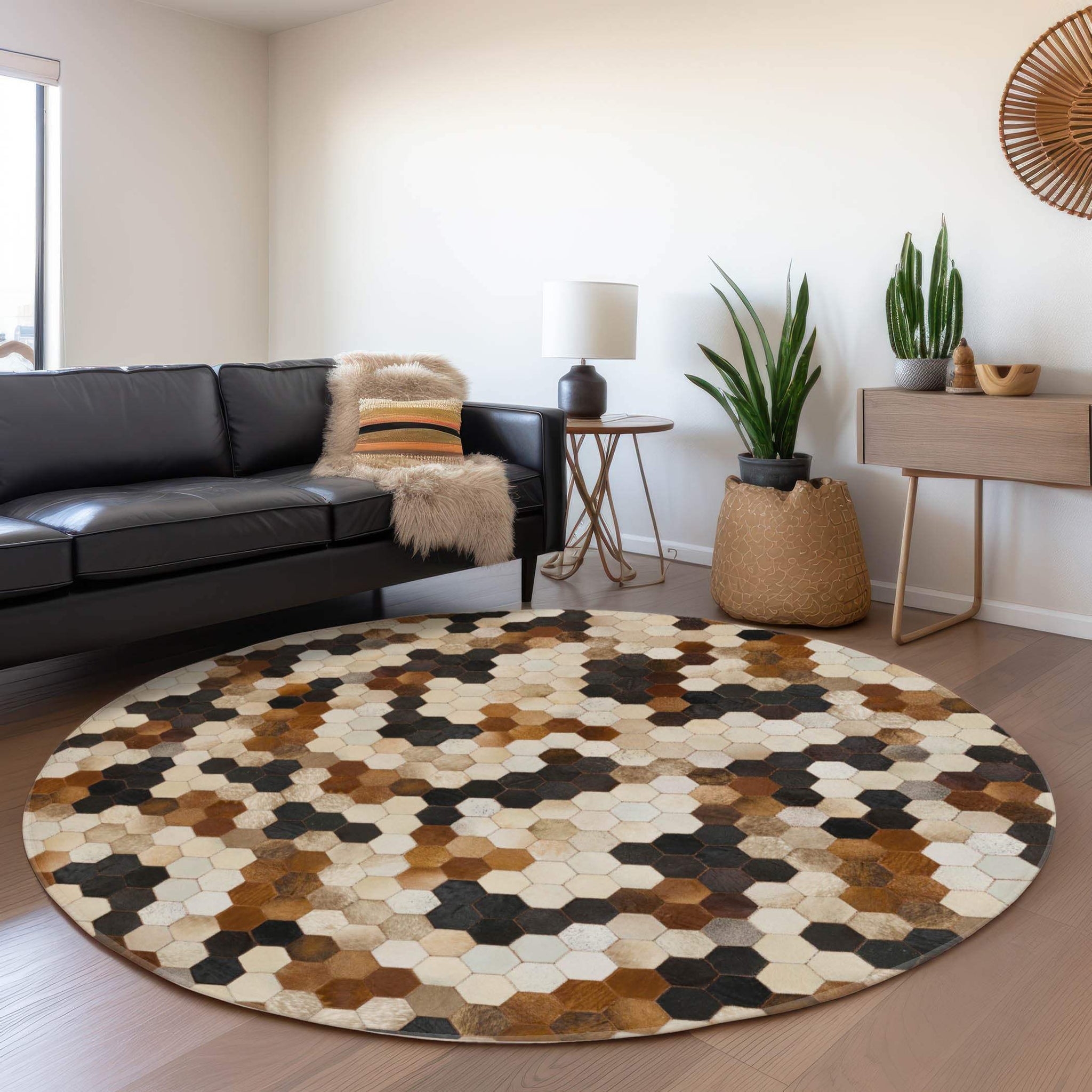 8' Black Brown And Ivory Geometric Washable Round Rug With UV Protection - HomeRoots - Flyclothing LLC