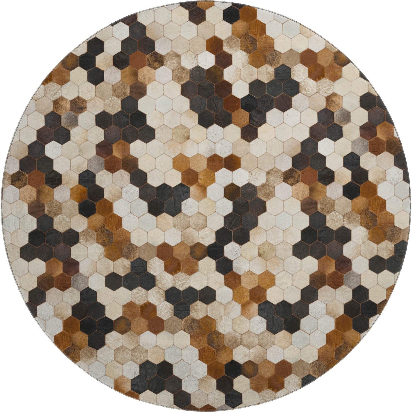 8' Black Brown And Ivory Geometric Washable Round Rug With UV Protection - HomeRoots - Flyclothing LLC