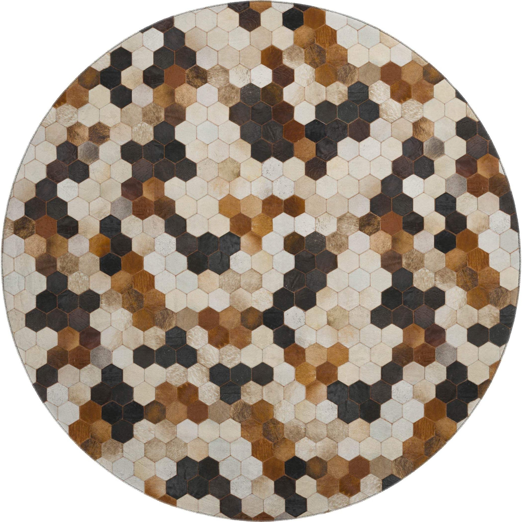 8' Black Brown And Ivory Geometric Washable Round Rug With UV Protection - HomeRoots - Flyclothing LLC