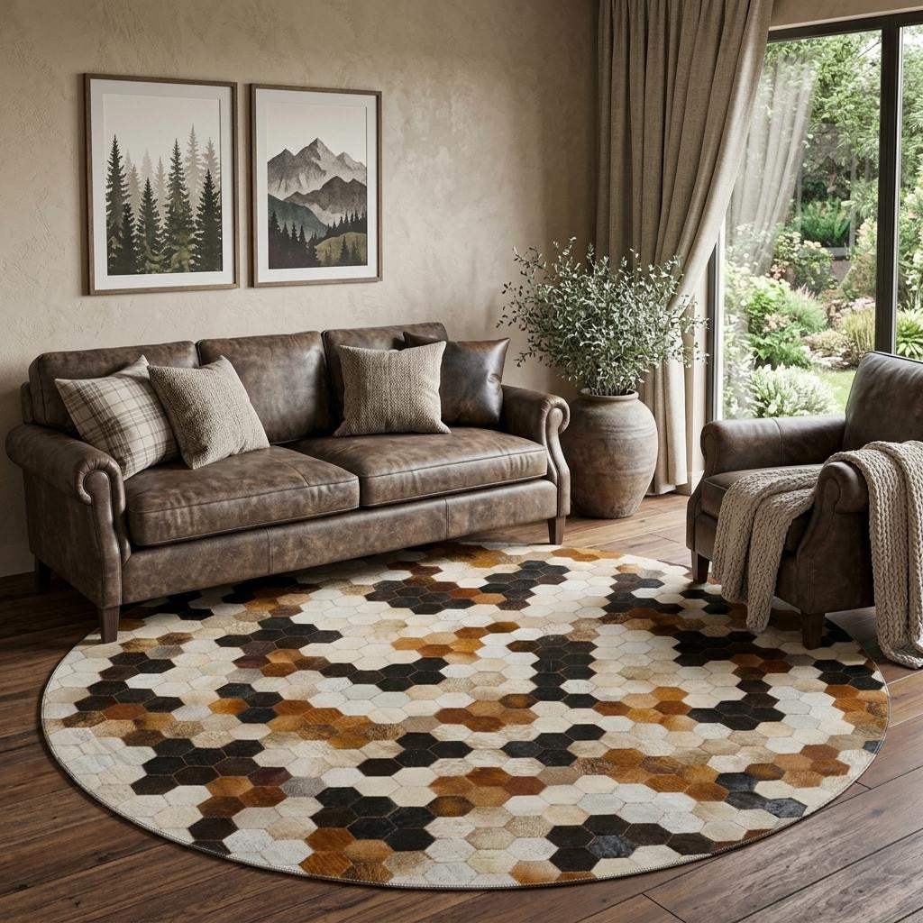 8' Black Brown And Ivory Geometric Washable Round Rug With UV Protection - HomeRoots - Flyclothing LLC