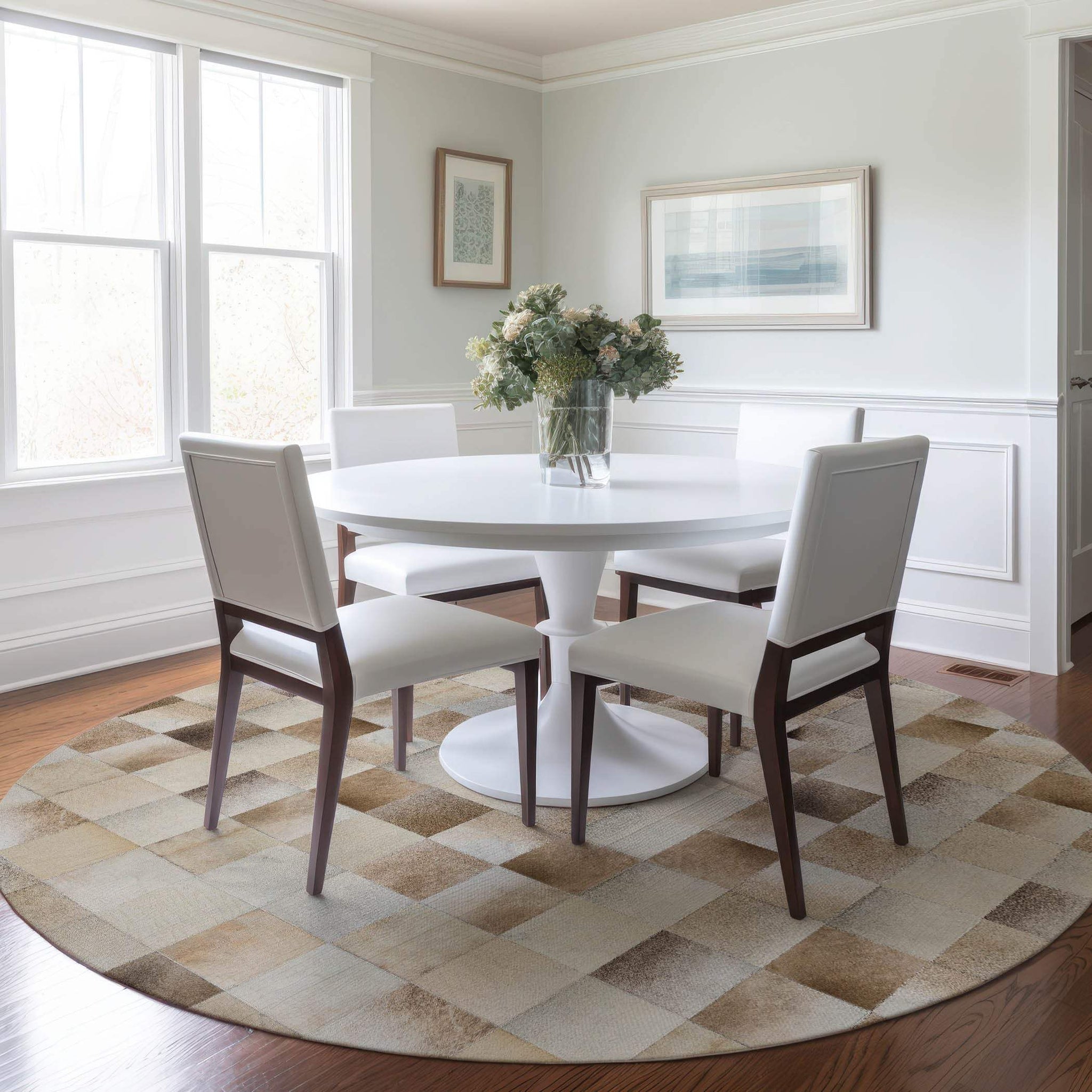8' Taupe Ivory And Beige Patchwork Washable Round Rug With UV Protection - HomeRoots - Flyclothing LLC