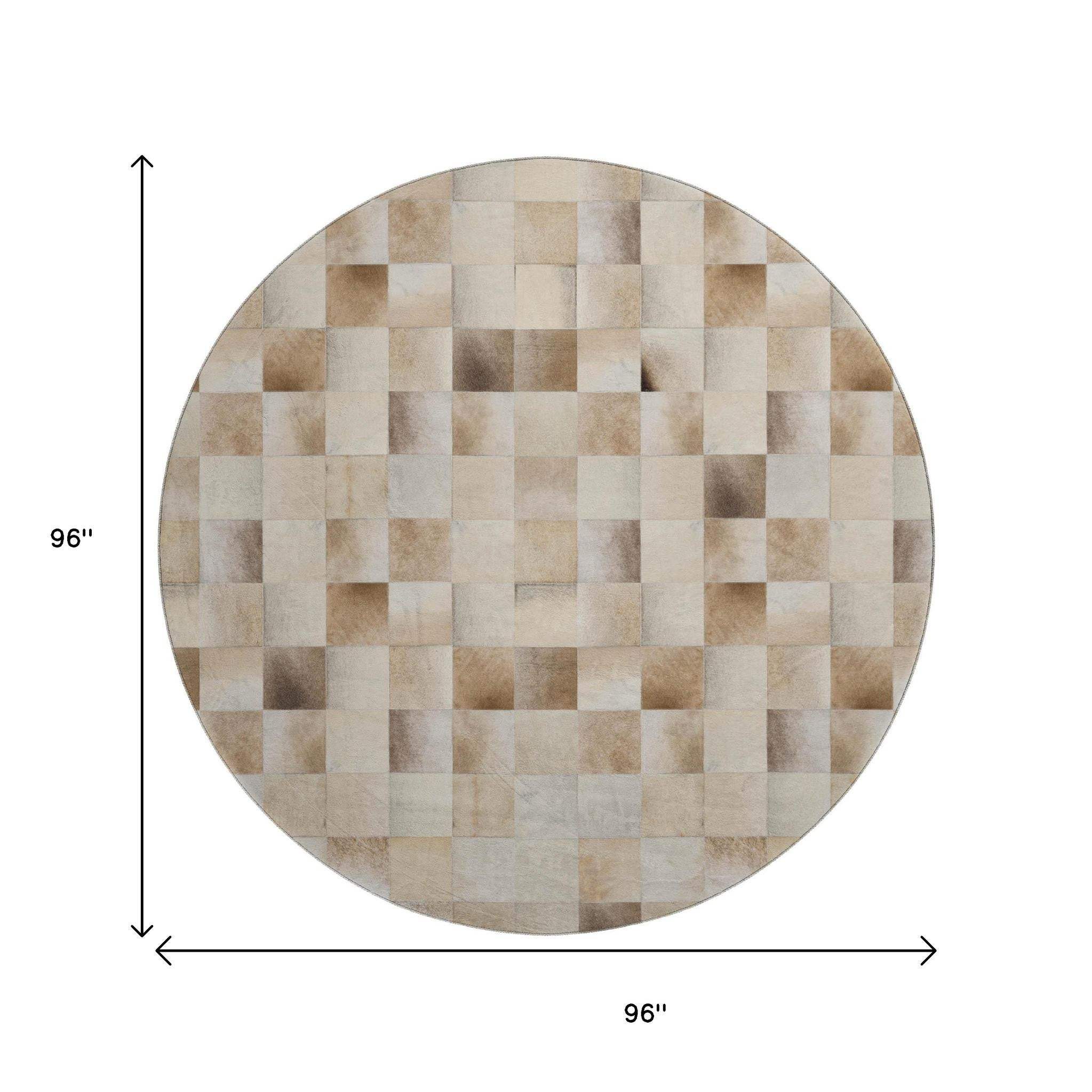 8' Taupe Ivory And Beige Patchwork Washable Round Rug With UV Protection - HomeRoots - Flyclothing LLC