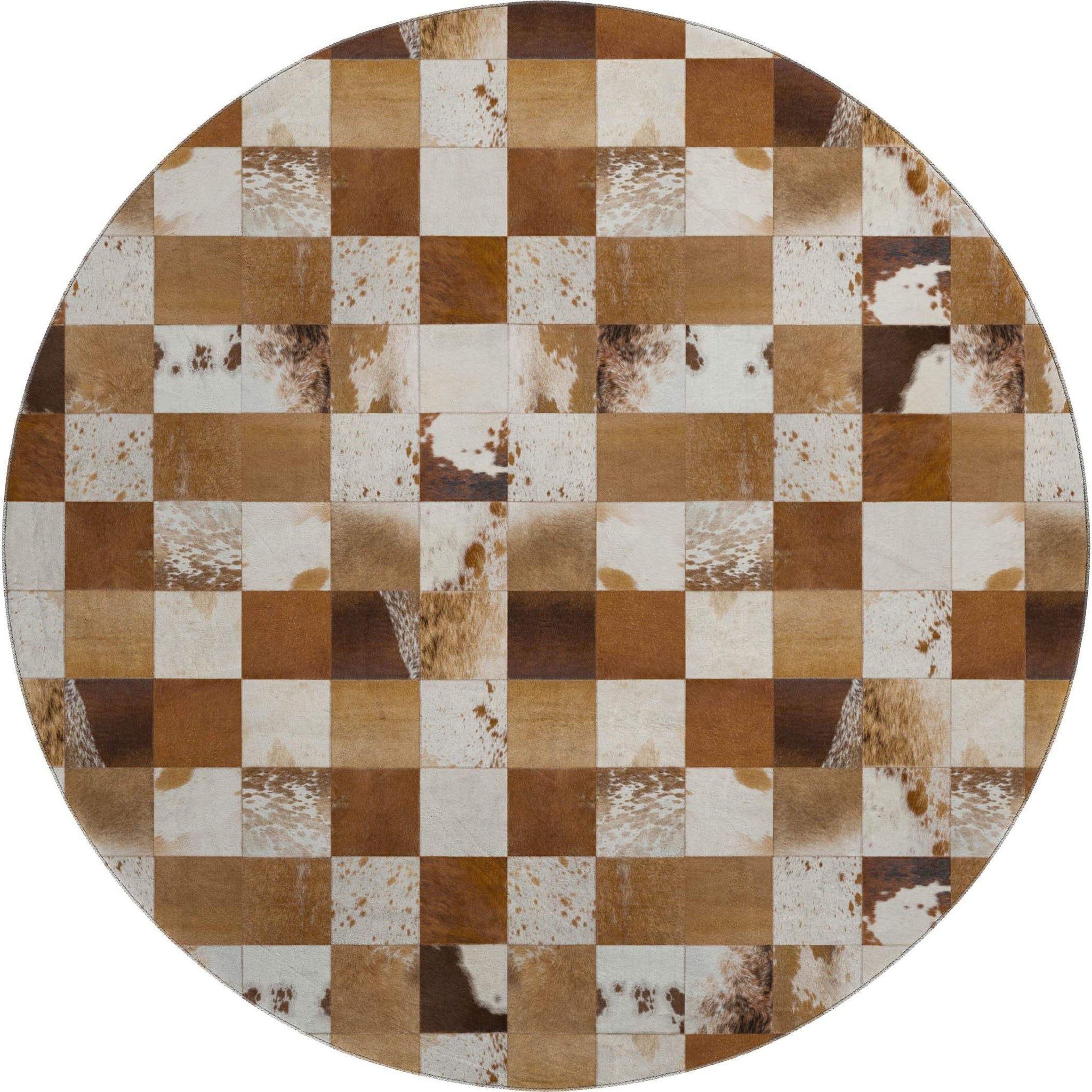 8' Brown And Ivory Patchwork Washable Round Rug With UV Protection - HomeRoots - Flyclothing LLC
