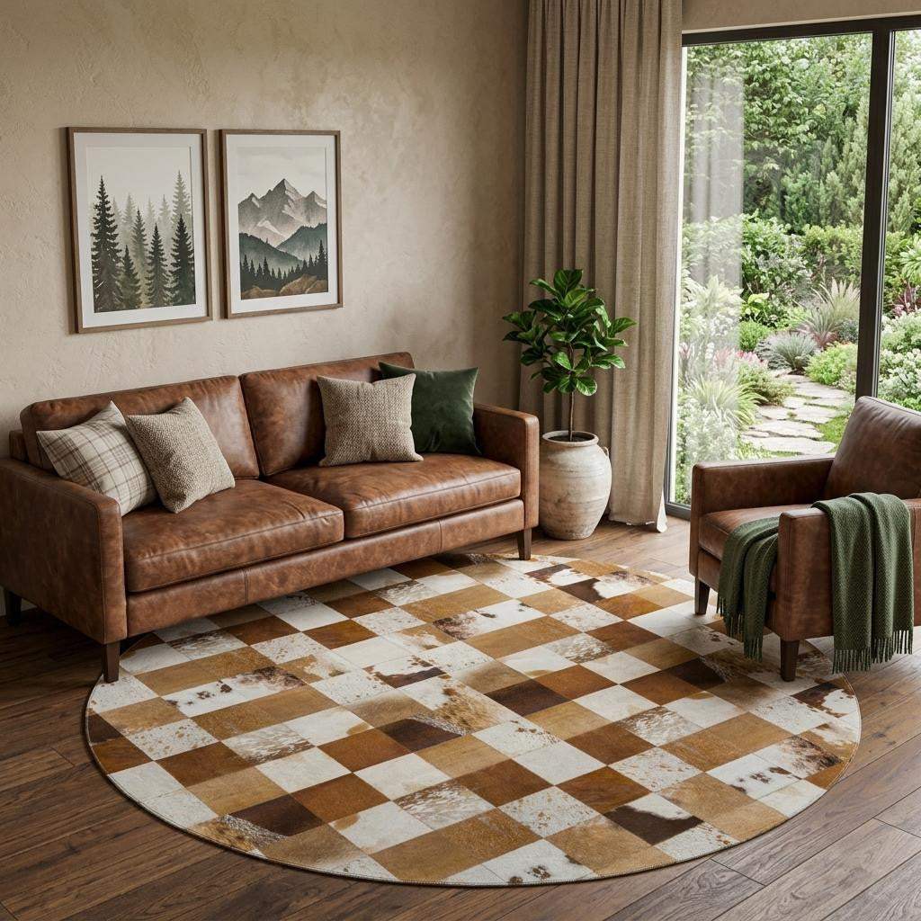 8' Brown And Ivory Patchwork Washable Round Rug With UV Protection - HomeRoots - Flyclothing LLC