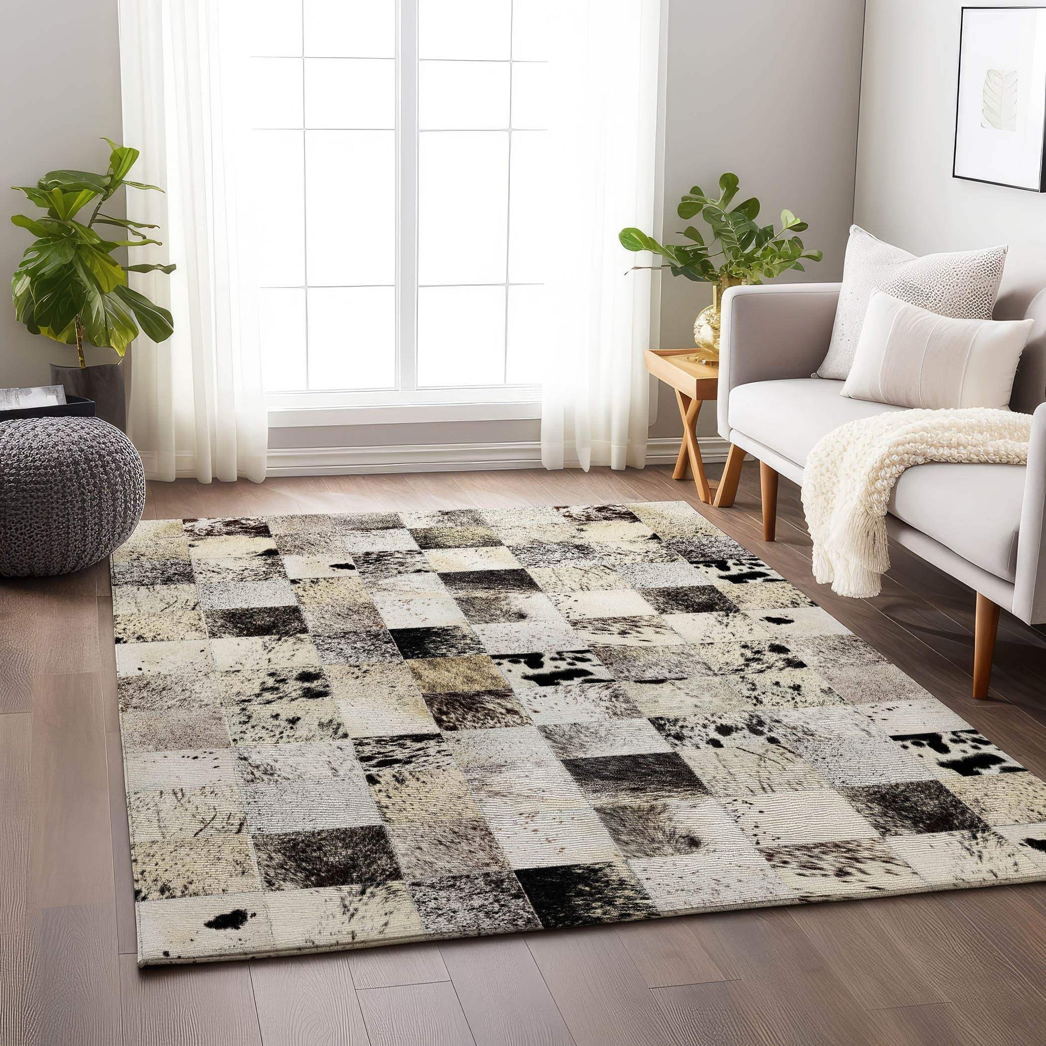 3' X 5' Black Granite Gray And Ivory Cowhide Print Washable Area Rug With UV Protection - HomeRoots - Flyclothing LLC
