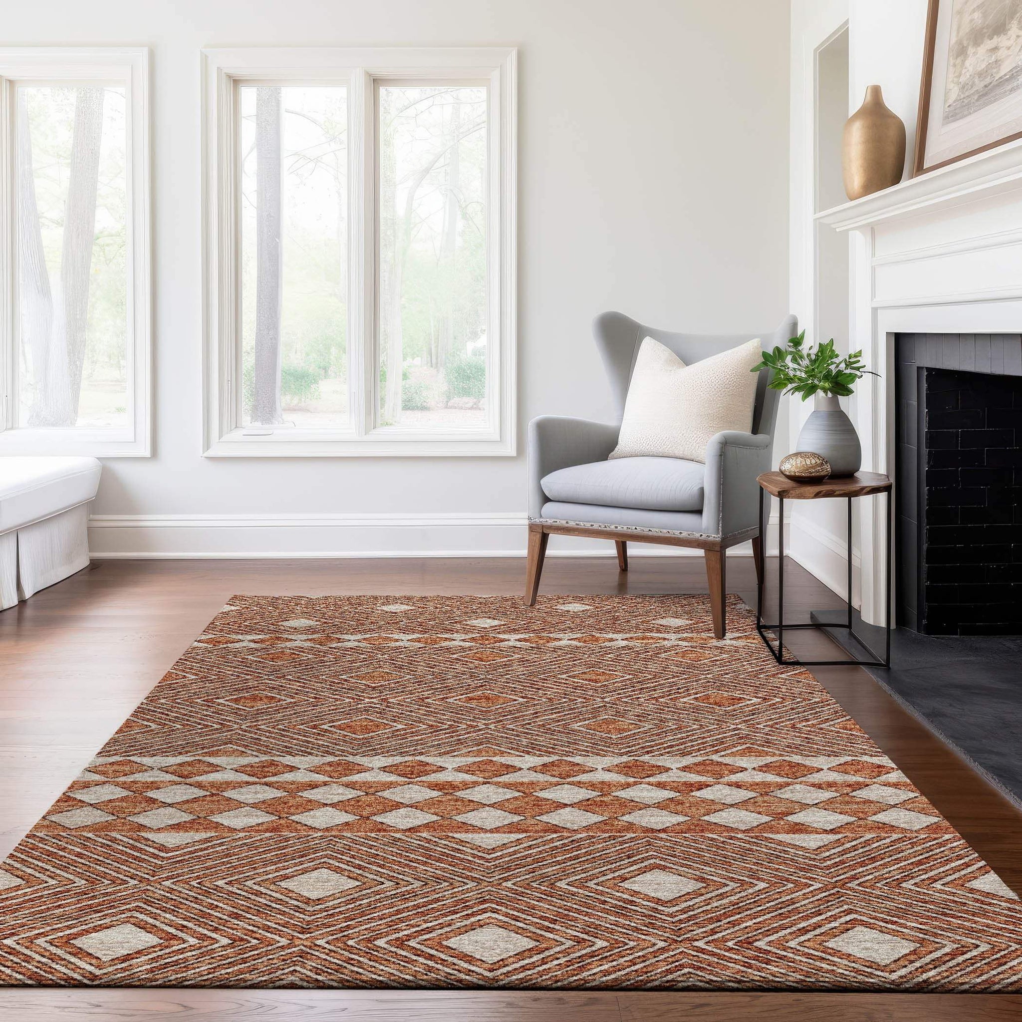 3' X 5' Burnt Sienna And Ivory Tribal Washable Area Rug With UV Protection - HomeRoots - Flyclothing LLC