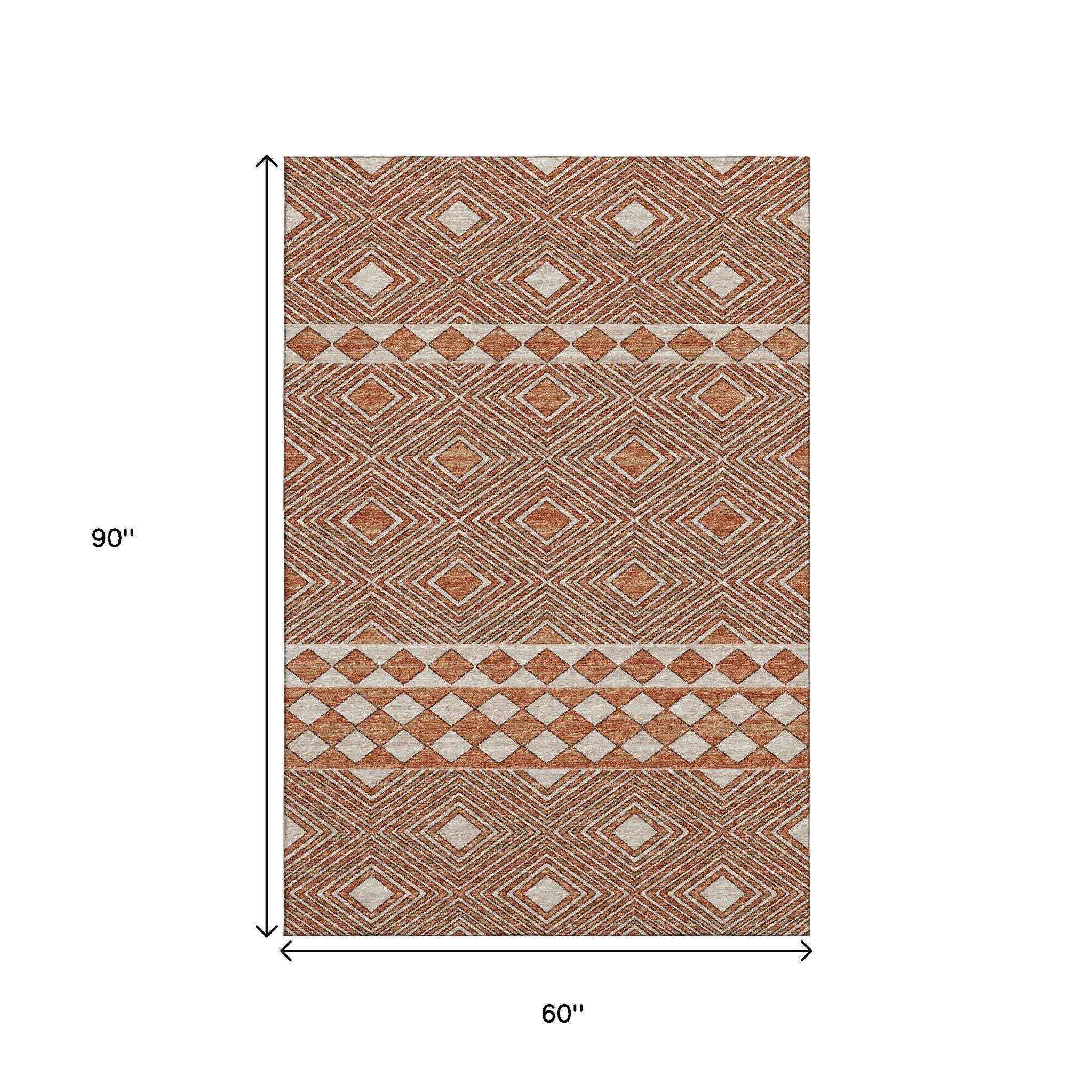 5' X 8' Burnt Sienna And Ivory Geometric Washable Area Rug With UV Protection - HomeRoots - Flyclothing LLC
