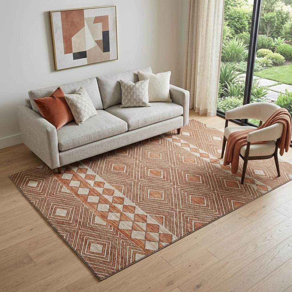 5' X 8' Burnt Sienna And Ivory Geometric Washable Area Rug With UV Protection - HomeRoots - Flyclothing LLC