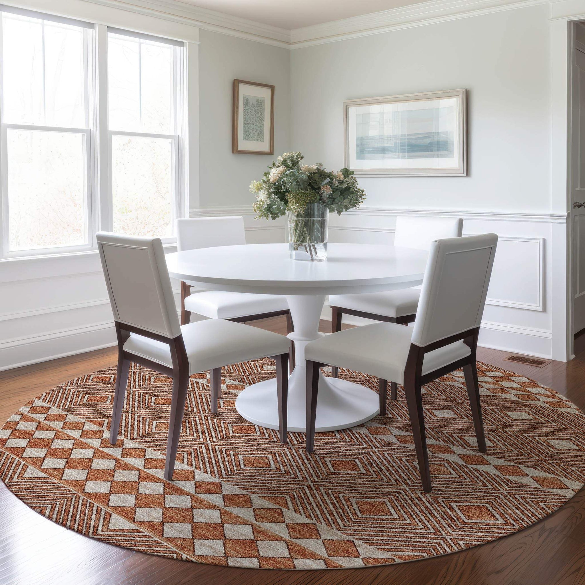 8' Burnt Sienna And Ivory Geometric Washable Round Rug With UV Protection - HomeRoots - Flyclothing LLC