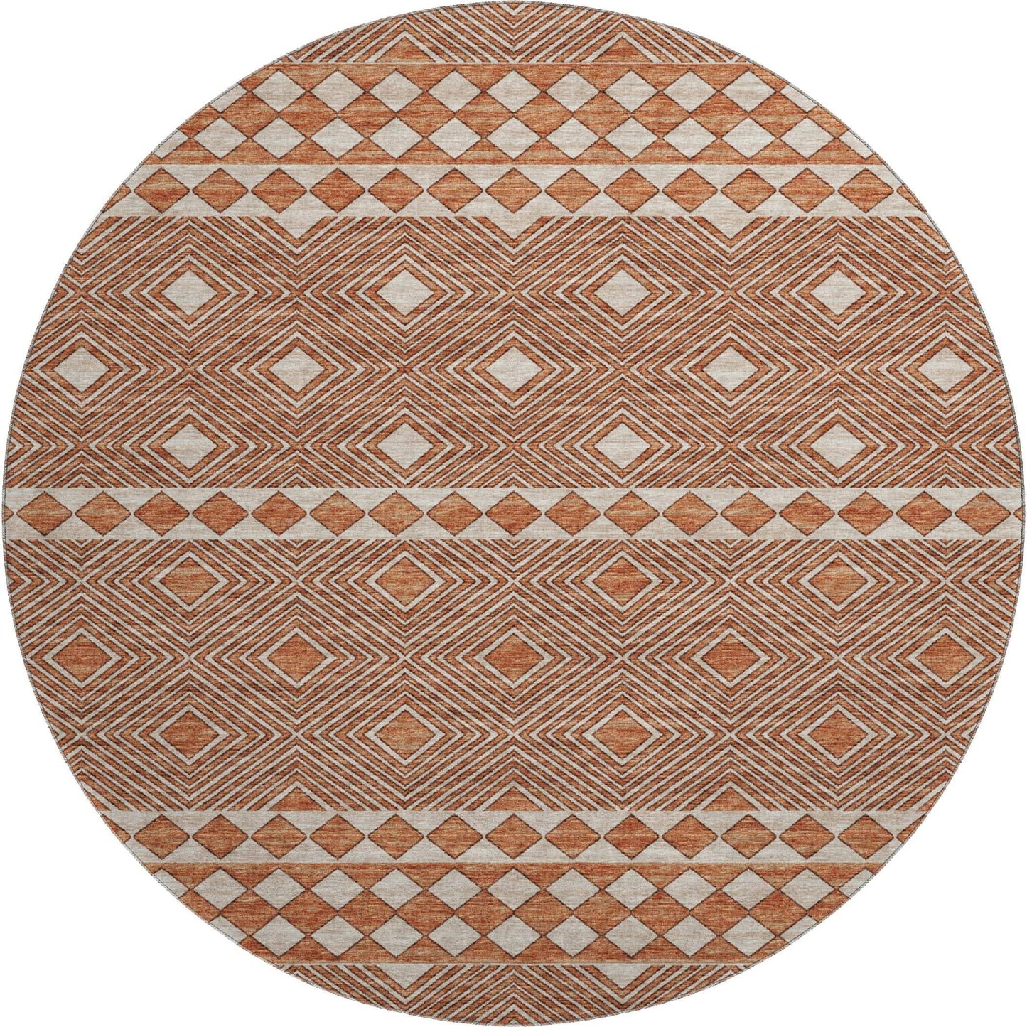8' Burnt Sienna And Ivory Geometric Washable Round Rug With UV Protection - HomeRoots - Flyclothing LLC
