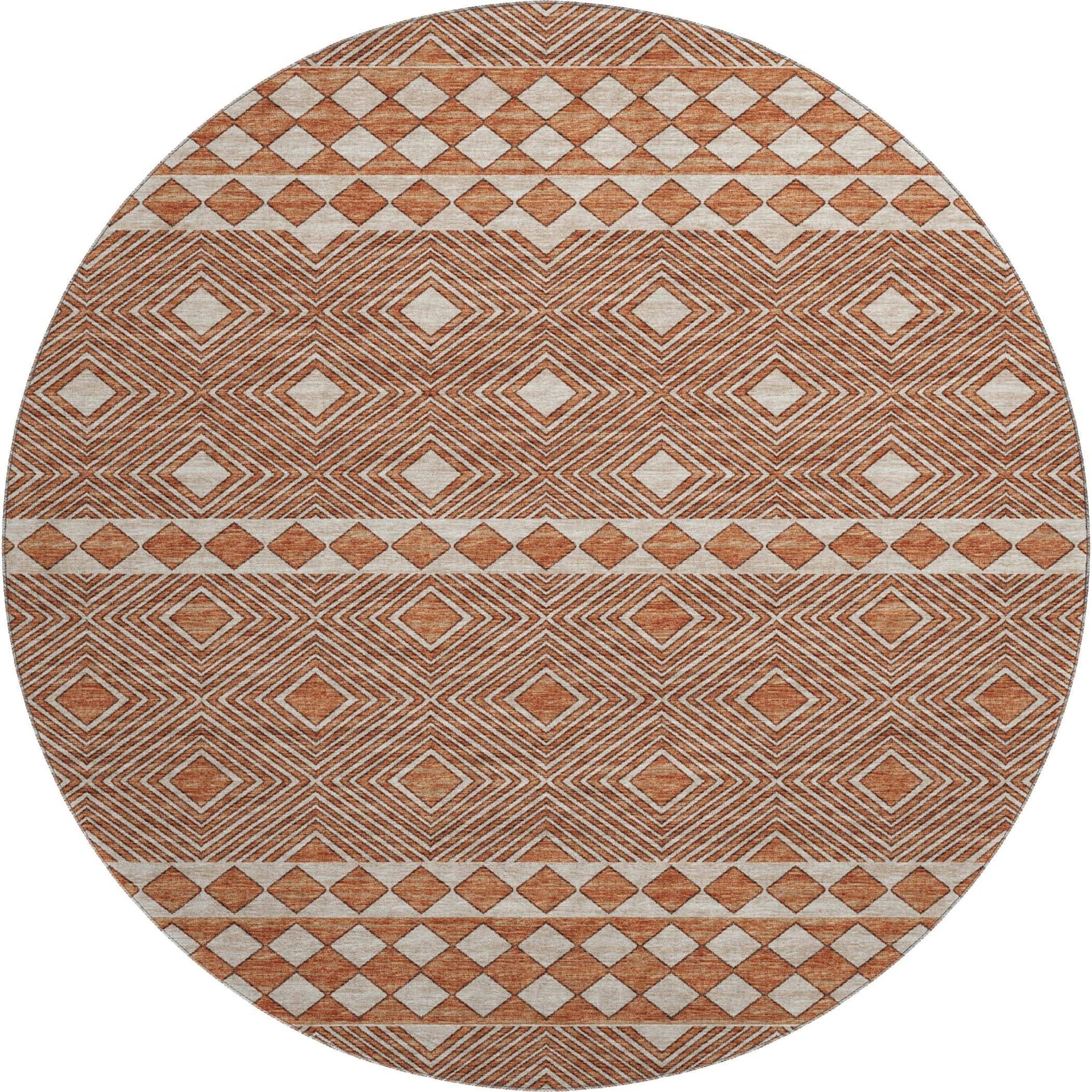 8' Burnt Sienna And Ivory Geometric Washable Round Rug With UV Protection - HomeRoots - Flyclothing LLC
