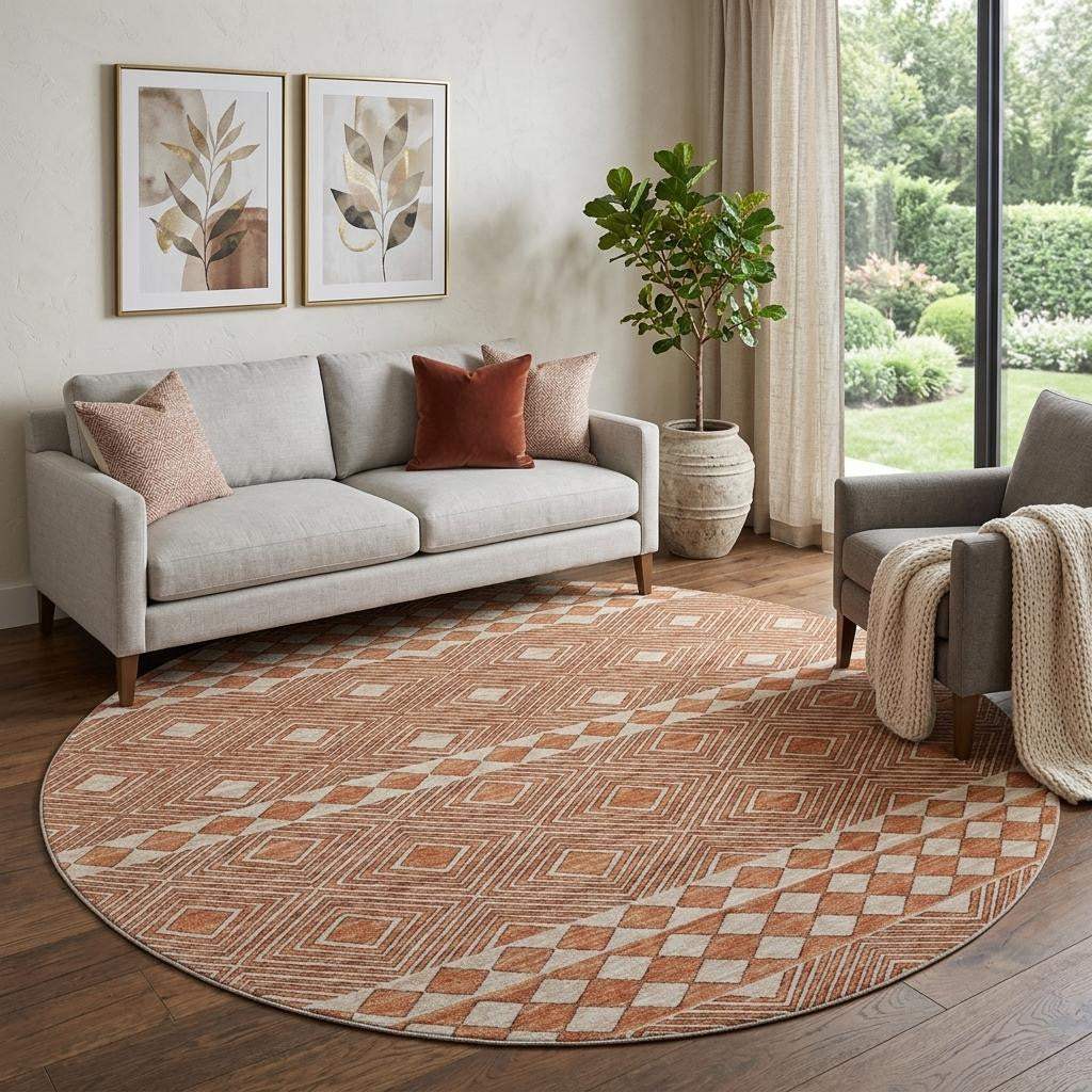8' Burnt Sienna And Ivory Geometric Washable Round Rug With UV Protection - HomeRoots - Flyclothing LLC