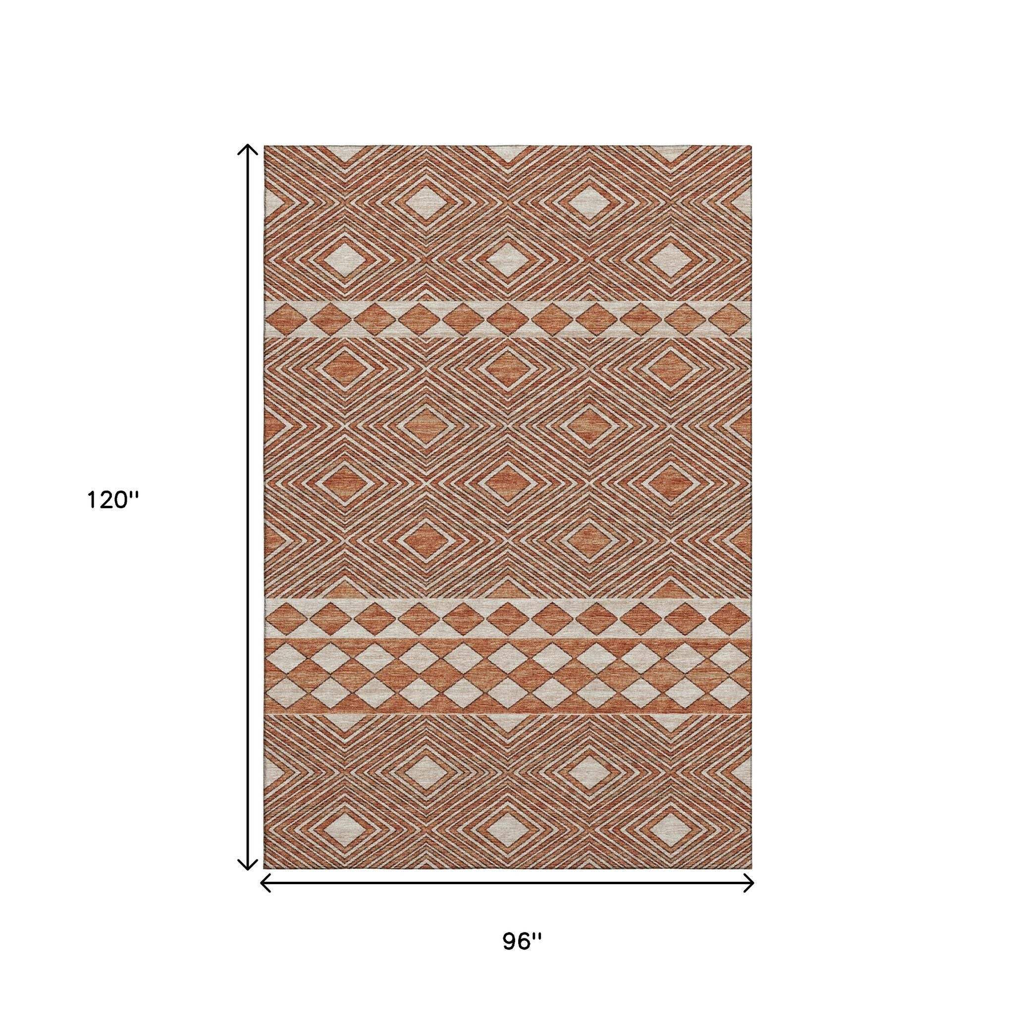 8' X 10' Burnt Sienna And Ivory Geometric Washable Area Rug With UV Protection - HomeRoots - Flyclothing LLC