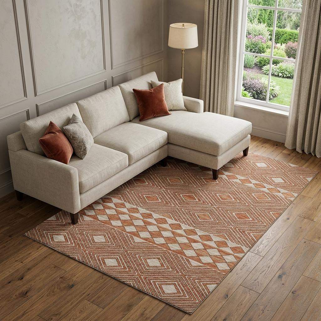 8' X 10' Burnt Sienna And Ivory Geometric Washable Area Rug With UV Protection - HomeRoots - Flyclothing LLC