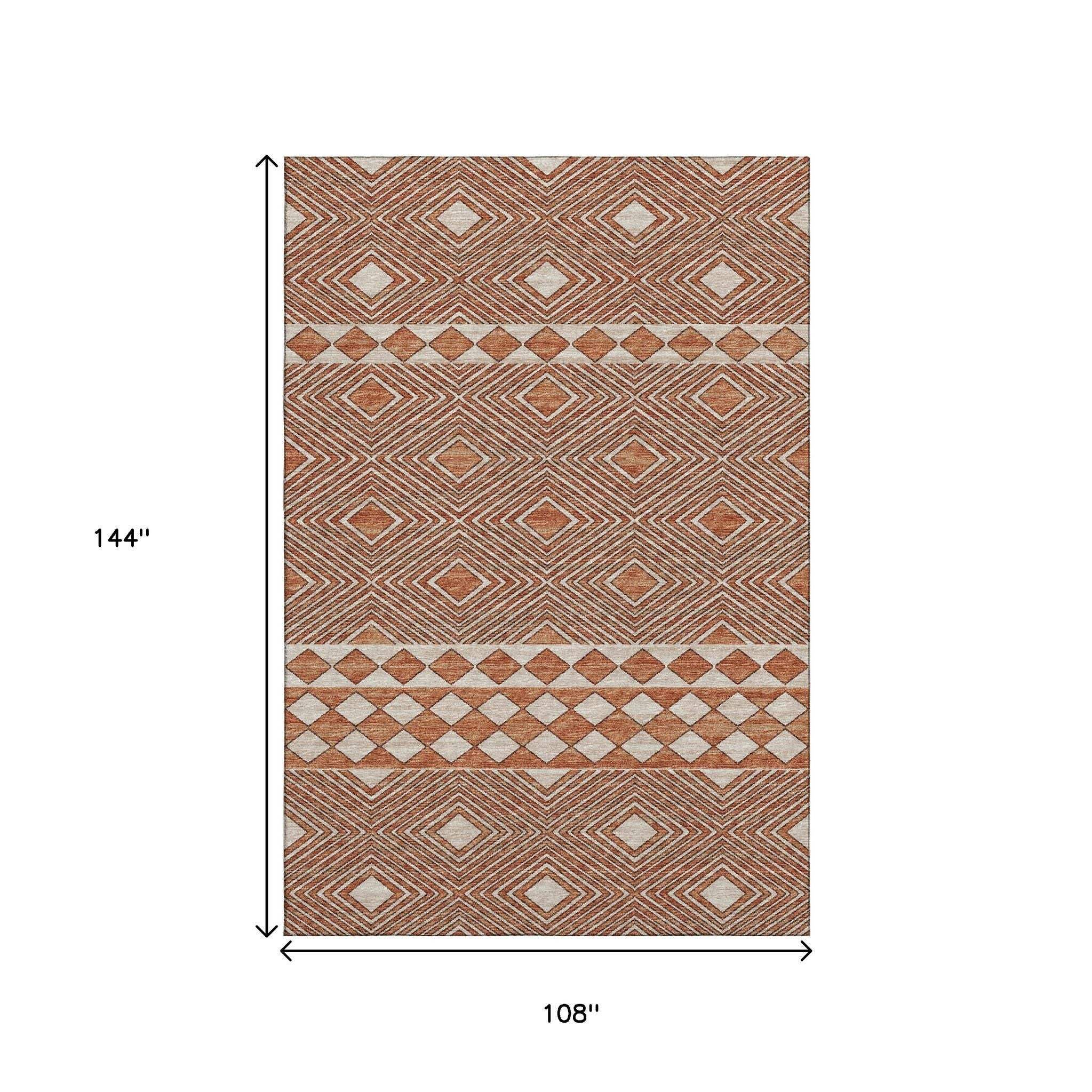 9' X 12' Burnt Sienna And Ivory Geometric Washable Area Rug With UV Protection - HomeRoots - Flyclothing LLC
