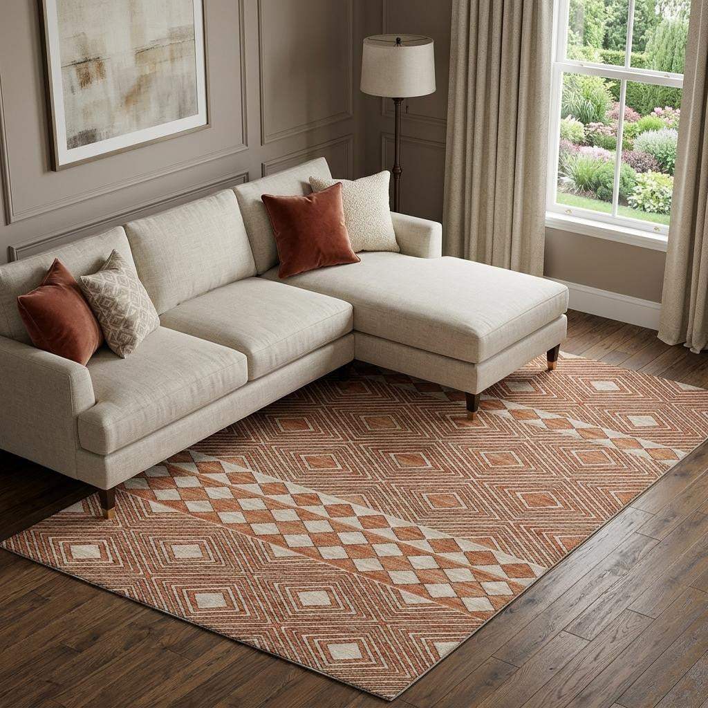 9' X 12' Burnt Sienna And Ivory Geometric Washable Area Rug With UV Protection - HomeRoots - Flyclothing LLC