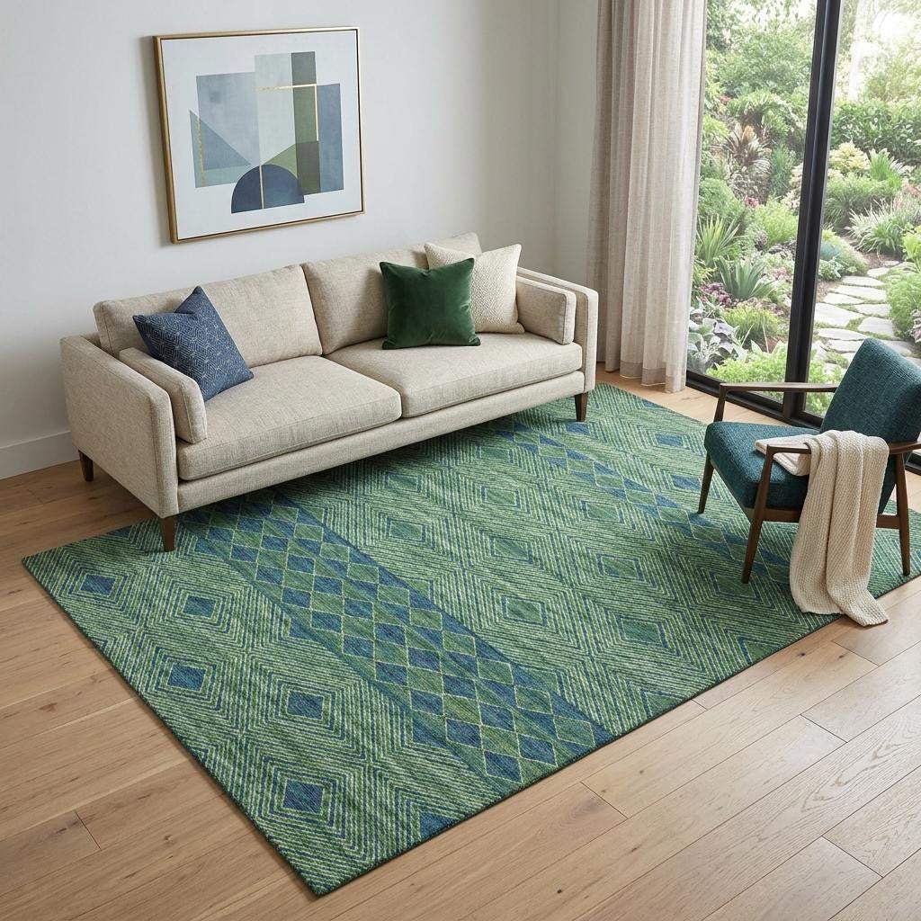 5' X 8' Green And Navy Blue Geometric Washable Area Rug With UV Protection - HomeRoots - Flyclothing LLC
