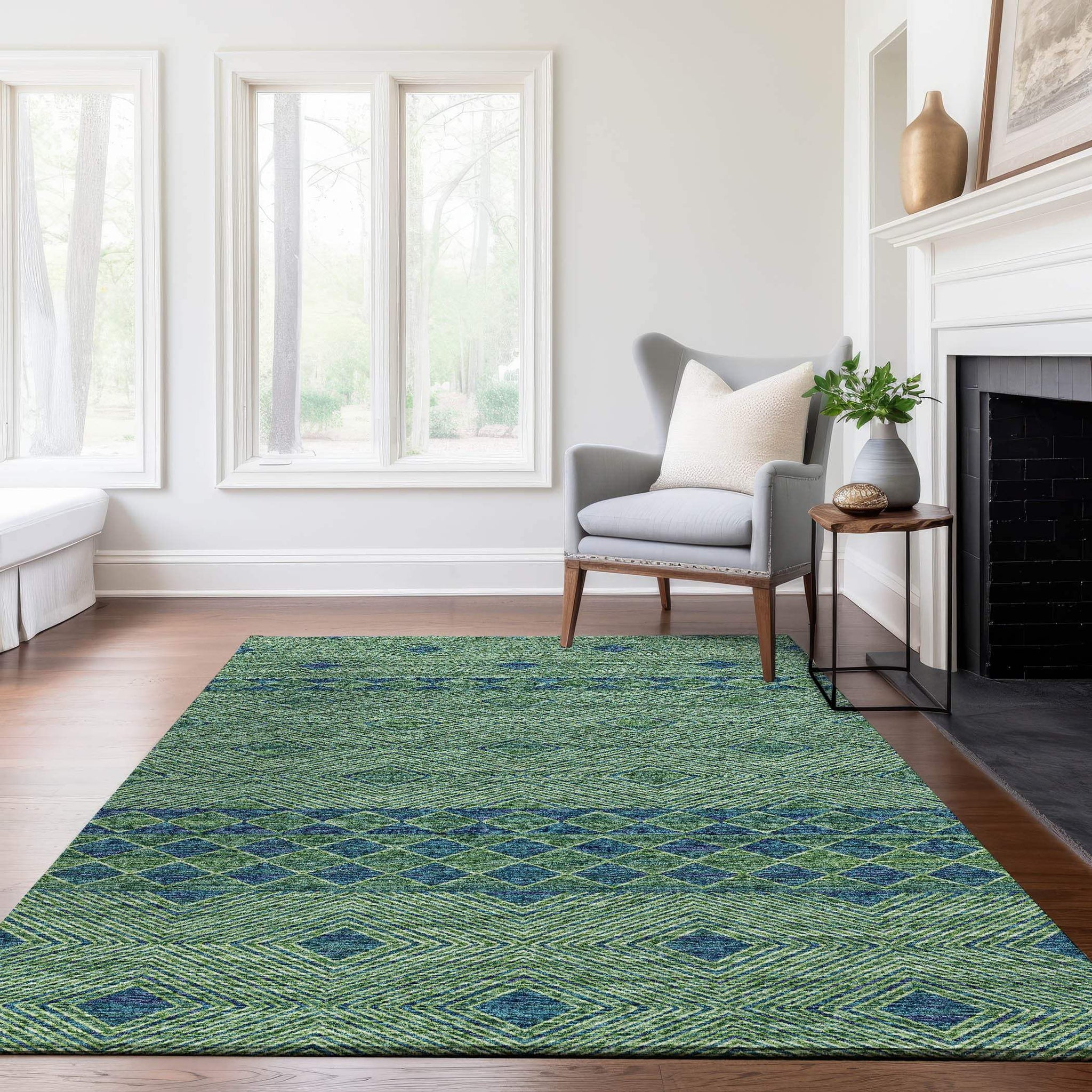 5' X 8' Green And Navy Blue Geometric Washable Area Rug With UV Protection - HomeRoots - Flyclothing LLC