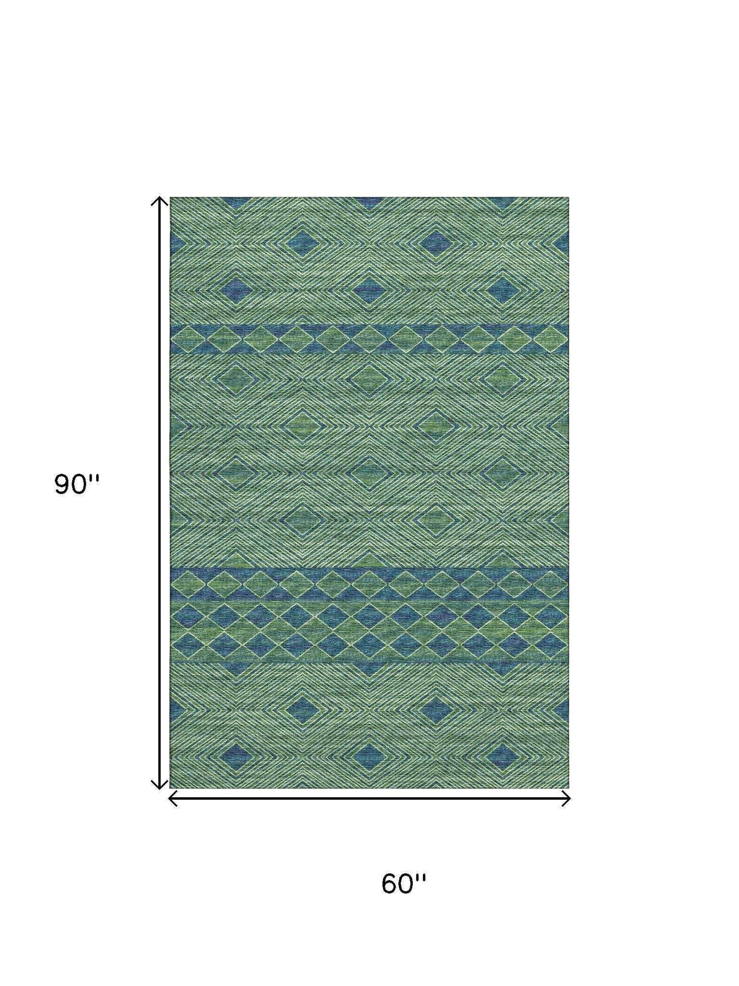 5' X 8' Green And Navy Blue Geometric Washable Area Rug With UV Protection - HomeRoots - Flyclothing LLC