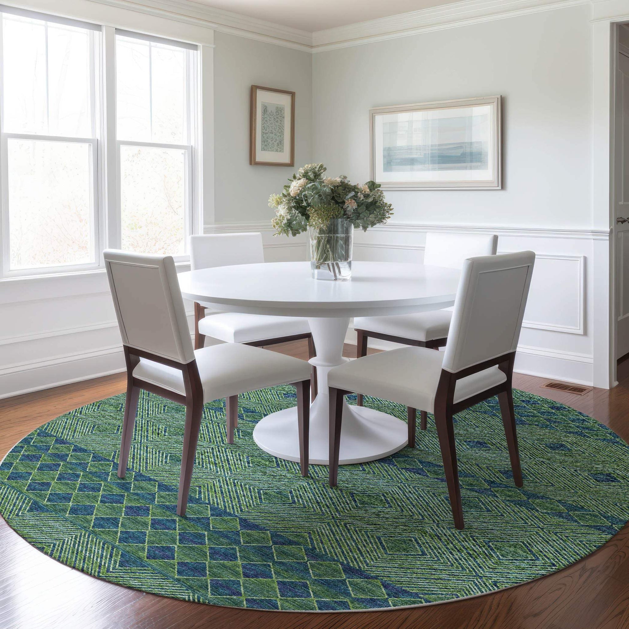 8' Green And Navy Blue Geometric Washable Round Rug With UV Protection - HomeRoots - Flyclothing LLC