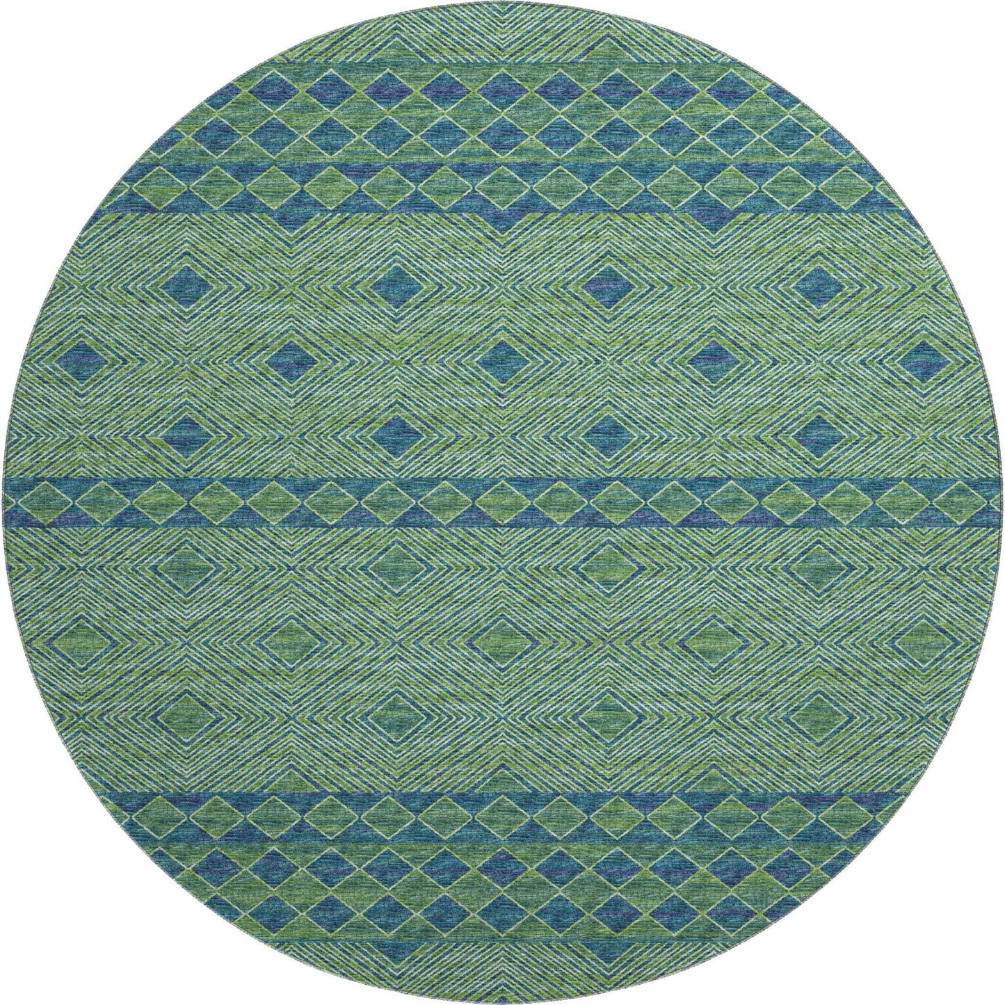 8' Green And Navy Blue Geometric Washable Round Rug With UV Protection - HomeRoots - Flyclothing LLC