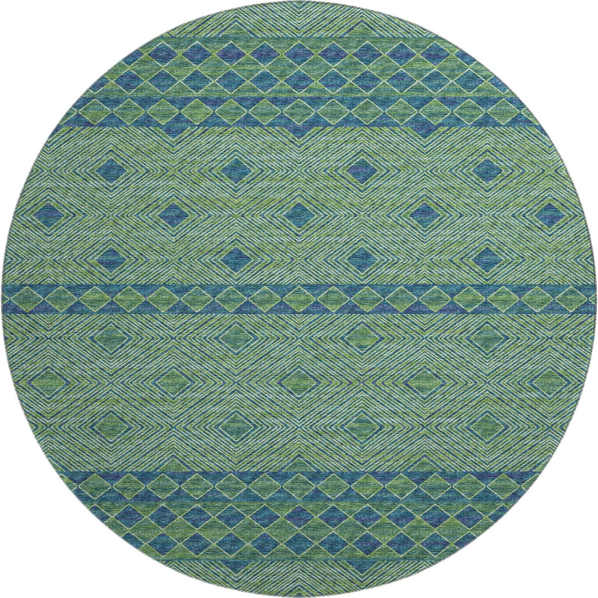 8' Green And Navy Blue Geometric Washable Round Rug With UV Protection - HomeRoots - Flyclothing LLC