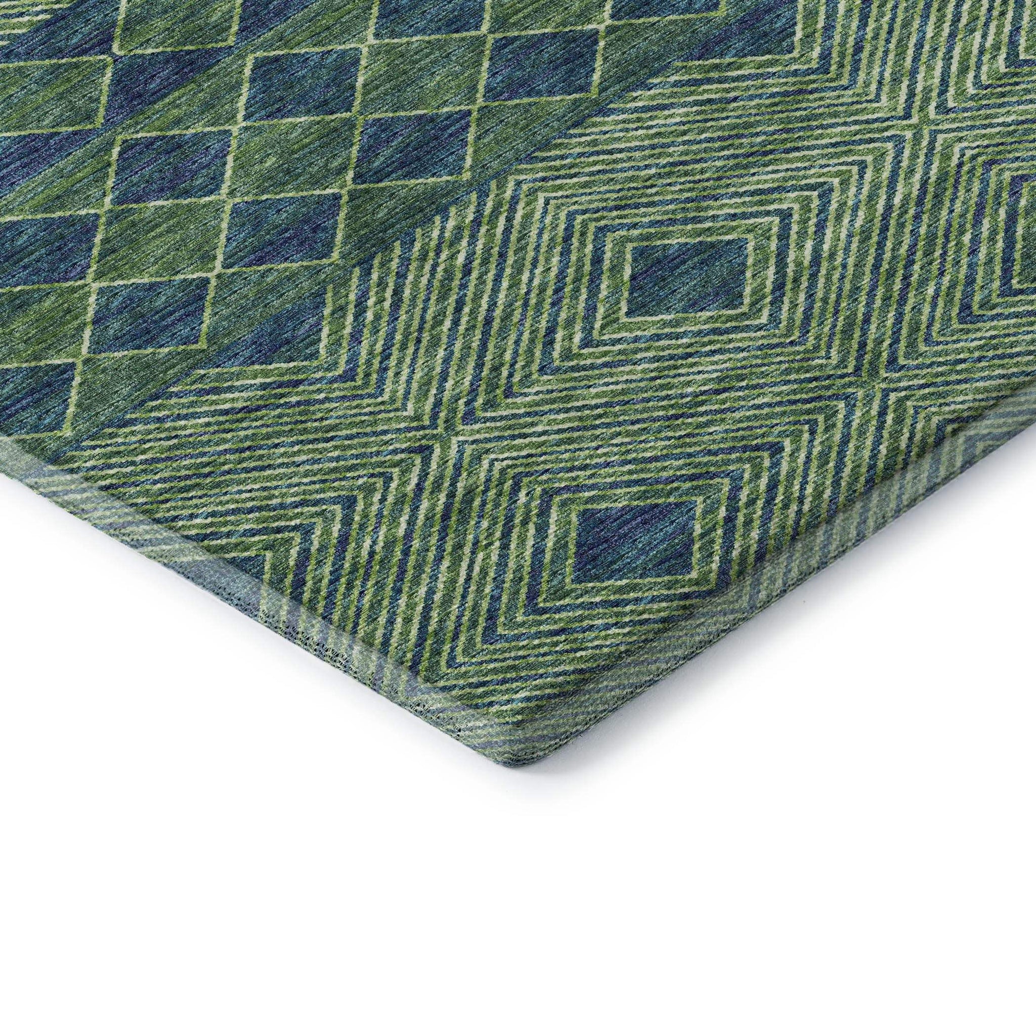 8' Green And Navy Blue Geometric Washable Round Rug With UV Protection - HomeRoots - Flyclothing LLC