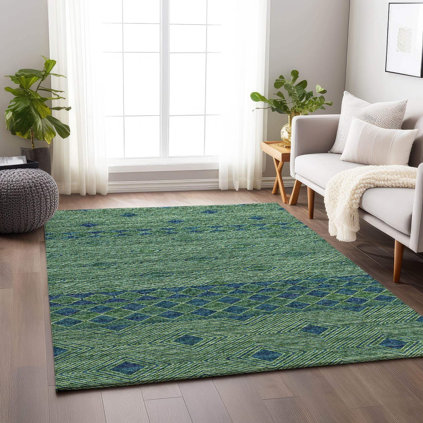 8' X 10' Green And Navy Blue Geometric Washable Area Rug With UV Protection - HomeRoots - Flyclothing LLC