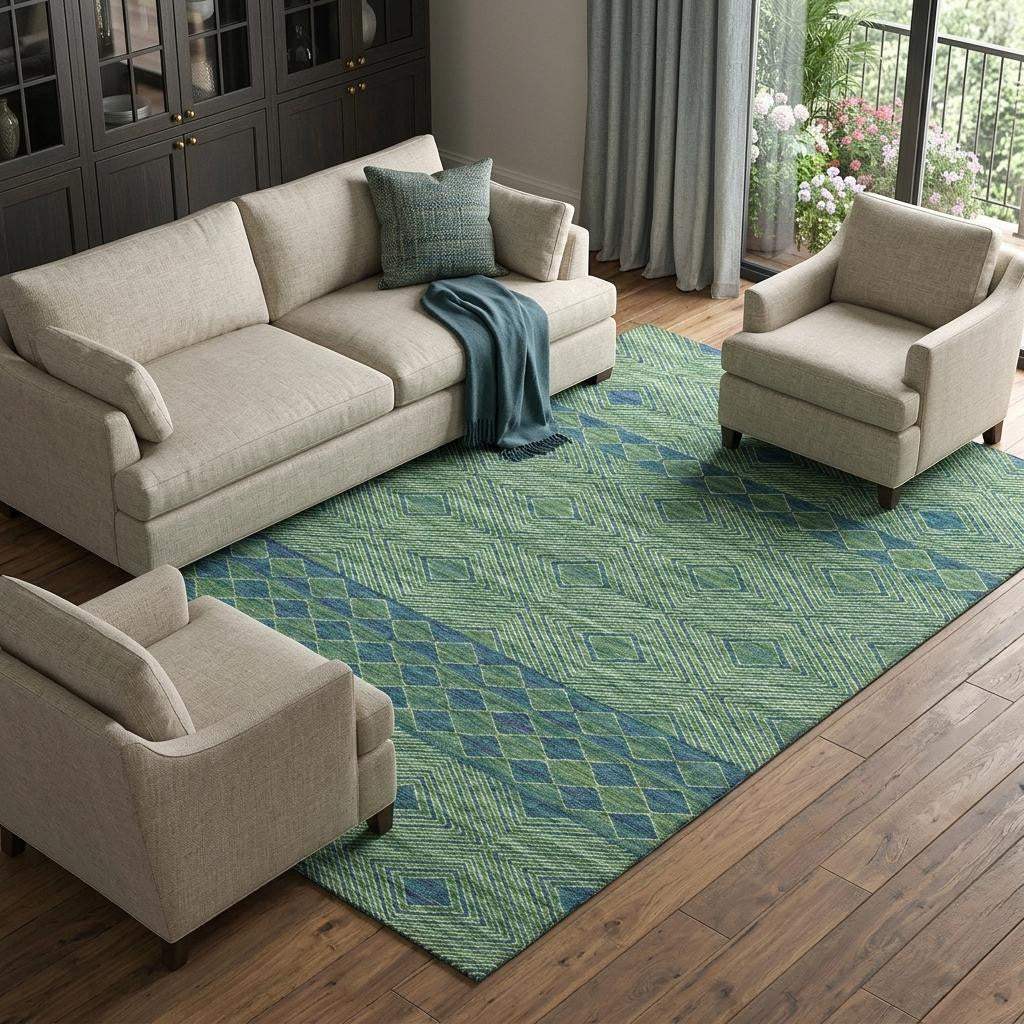 8' X 10' Green And Navy Blue Geometric Washable Area Rug With UV Protection - HomeRoots - Flyclothing LLC