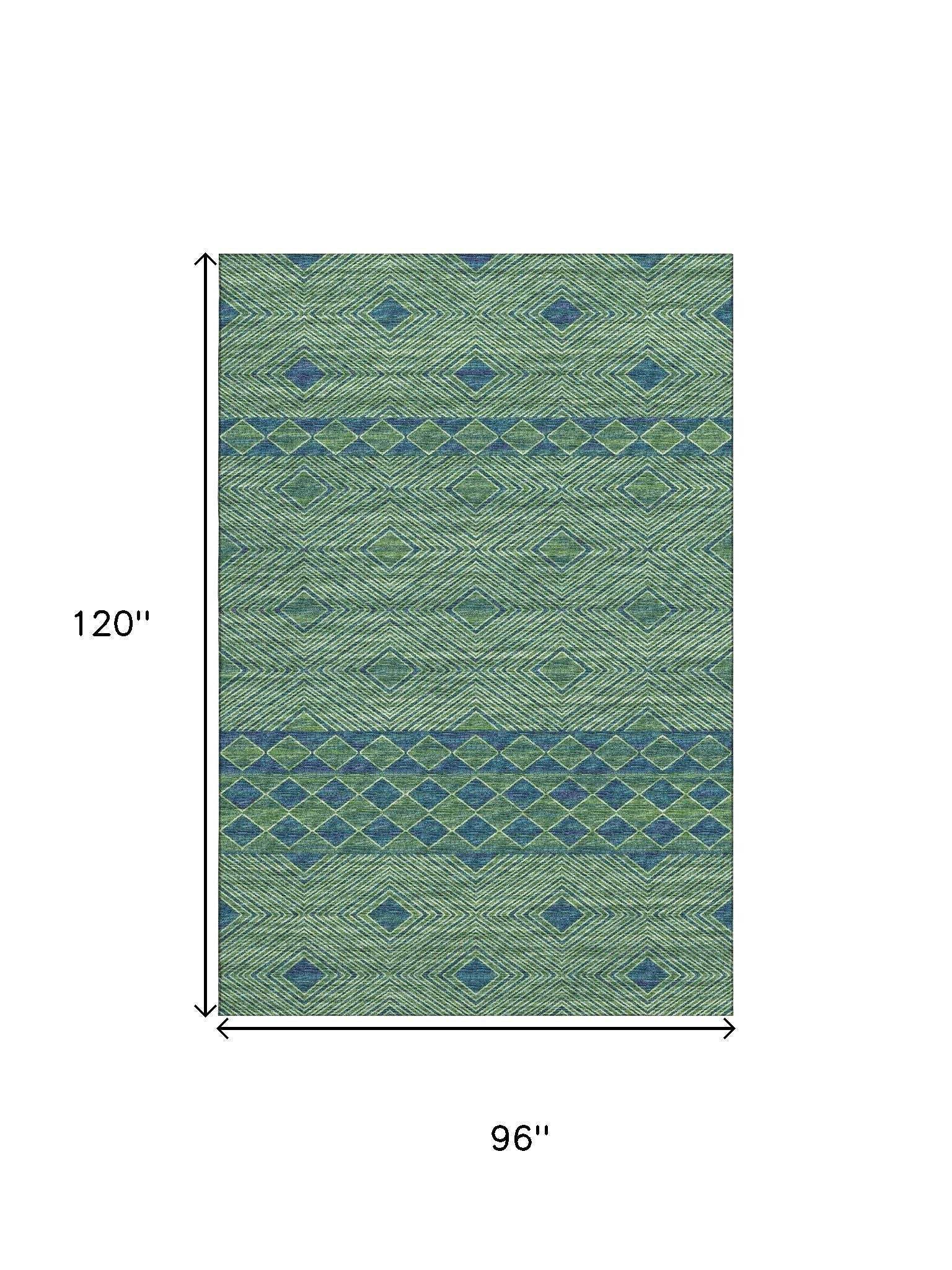 8' X 10' Green And Navy Blue Geometric Washable Area Rug With UV Protection - HomeRoots - Flyclothing LLC
