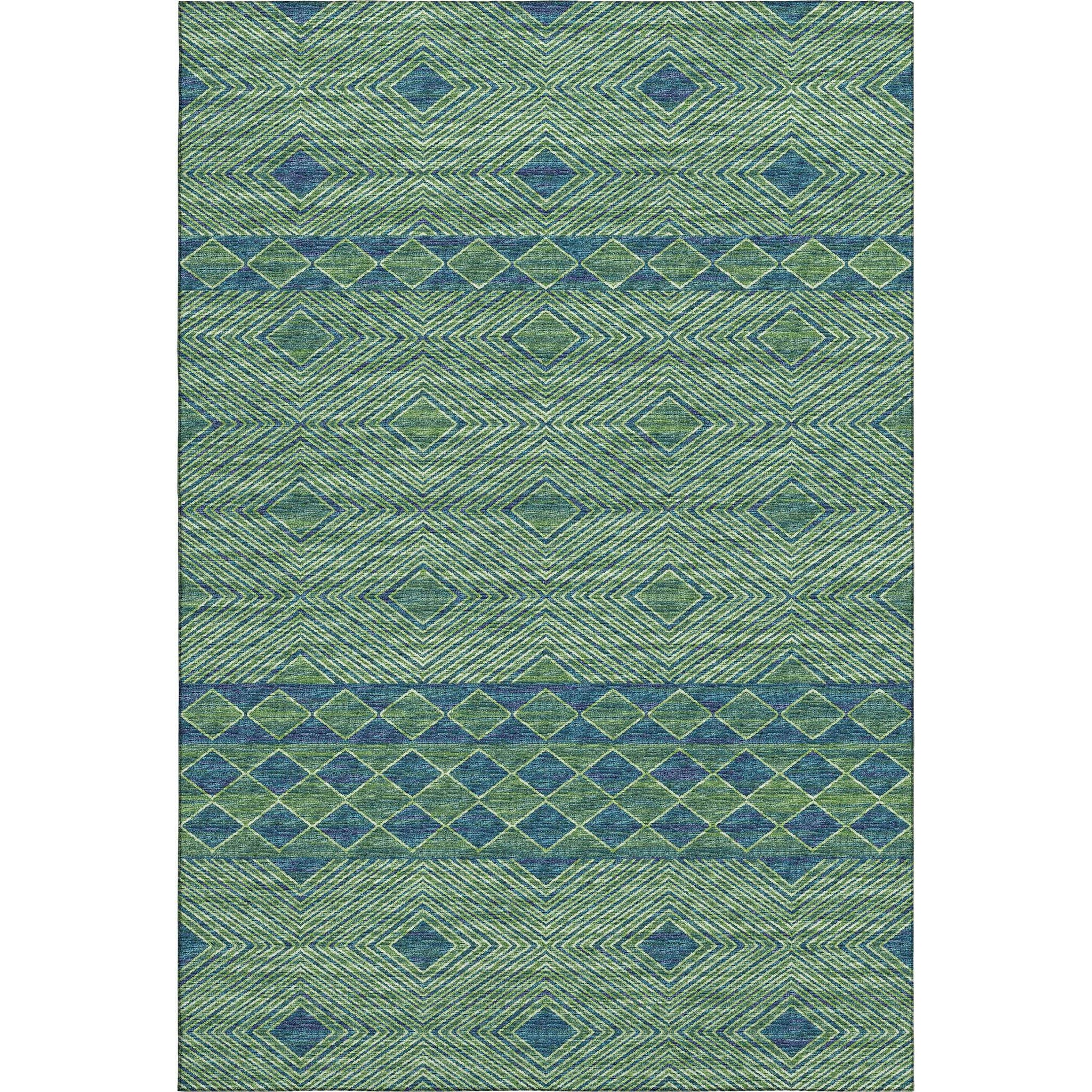 9' X 12' Green And Navy Blue Geometric Washable Area Rug With UV Protection - HomeRoots - Flyclothing LLC