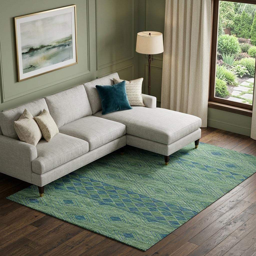 9' X 12' Green And Navy Blue Geometric Washable Area Rug With UV Protection - HomeRoots - Flyclothing LLC