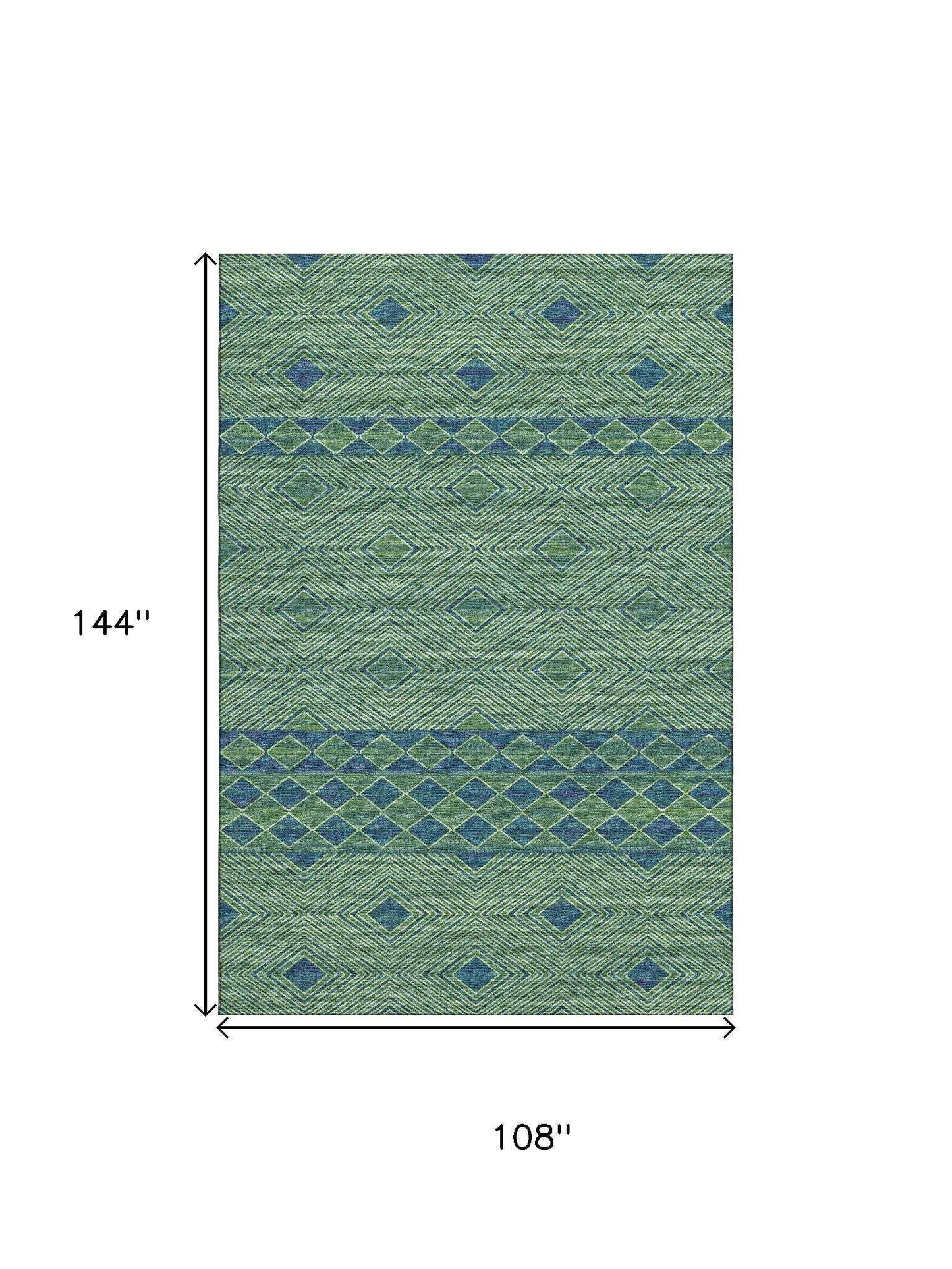9' X 12' Green And Navy Blue Geometric Washable Area Rug With UV Protection - HomeRoots - Flyclothing LLC